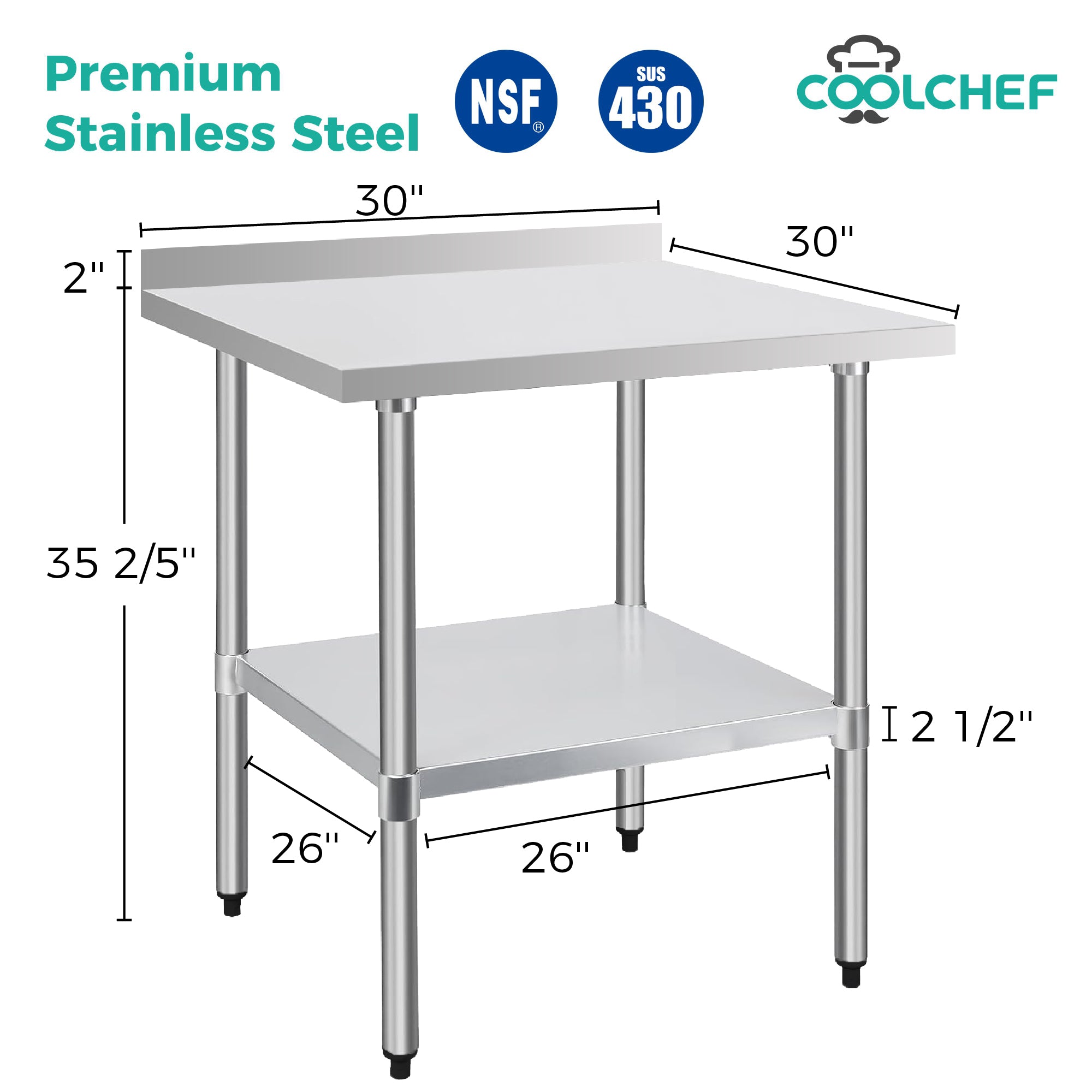 COOLCHEF 30-Gauge Stainless Steel Commercial Work Table with Backsplash