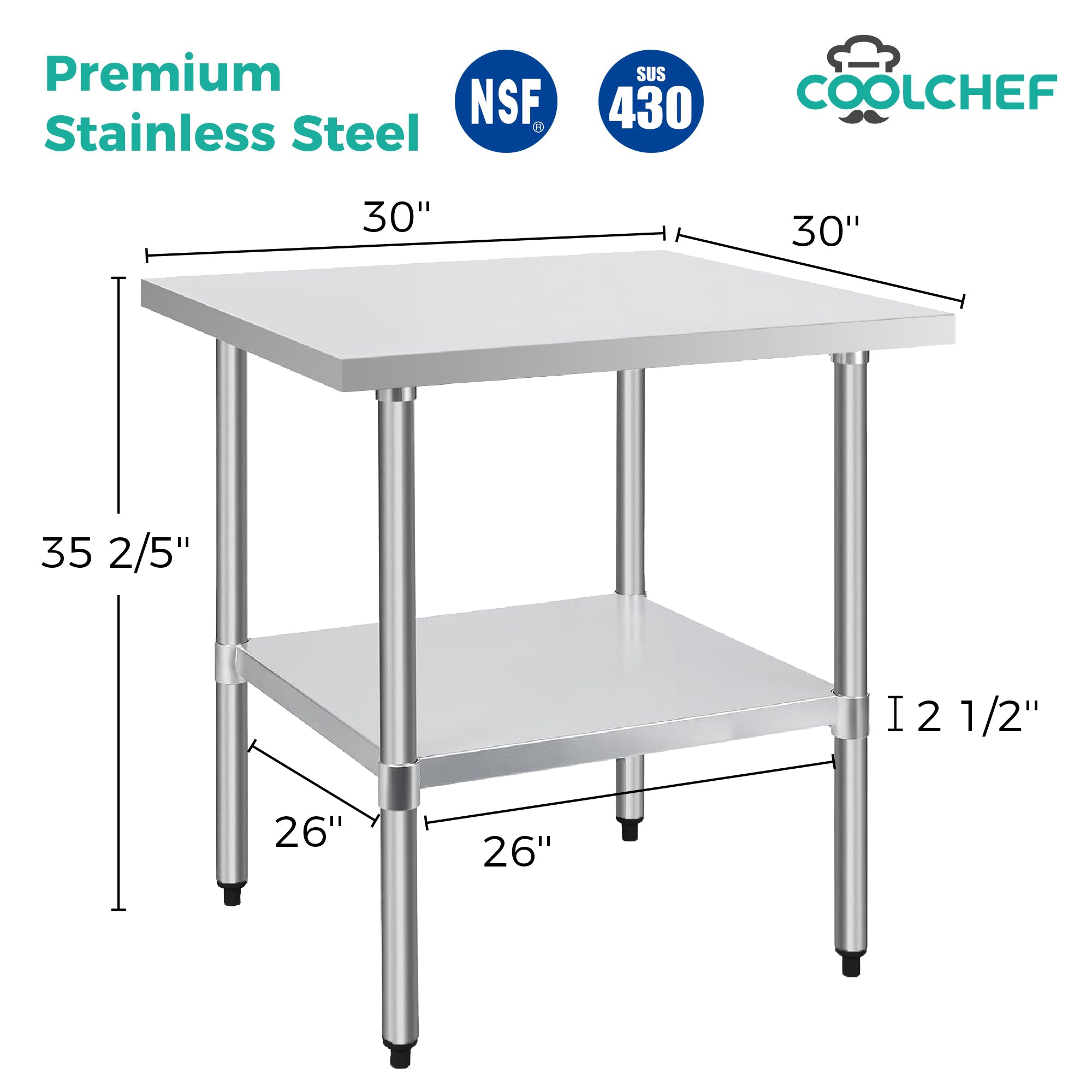 30" x 30" 30-Gauge Stainless Steel Commercial Work Table