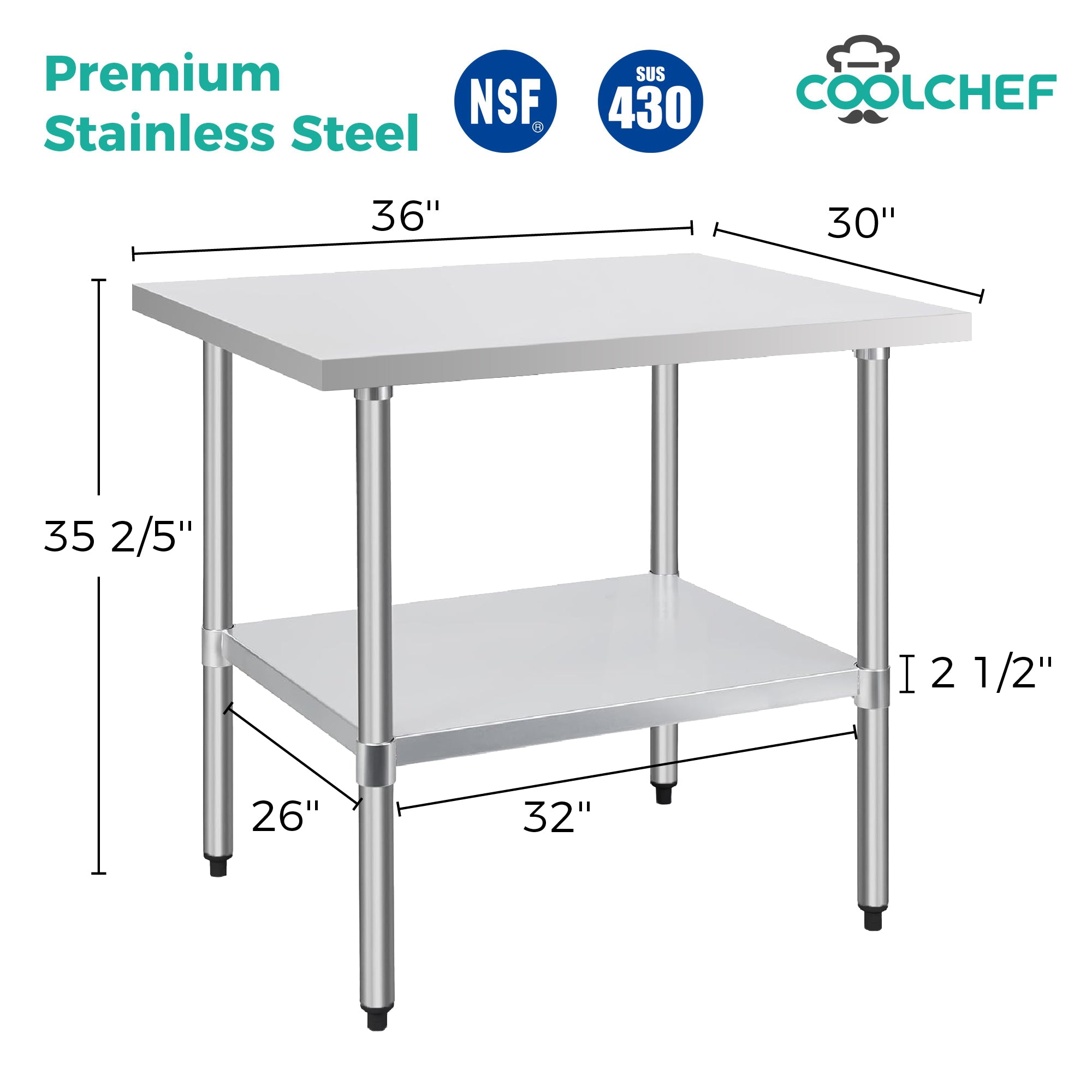 COOLCHEF 30-Gauge Stainless Steel Commercial Work Table