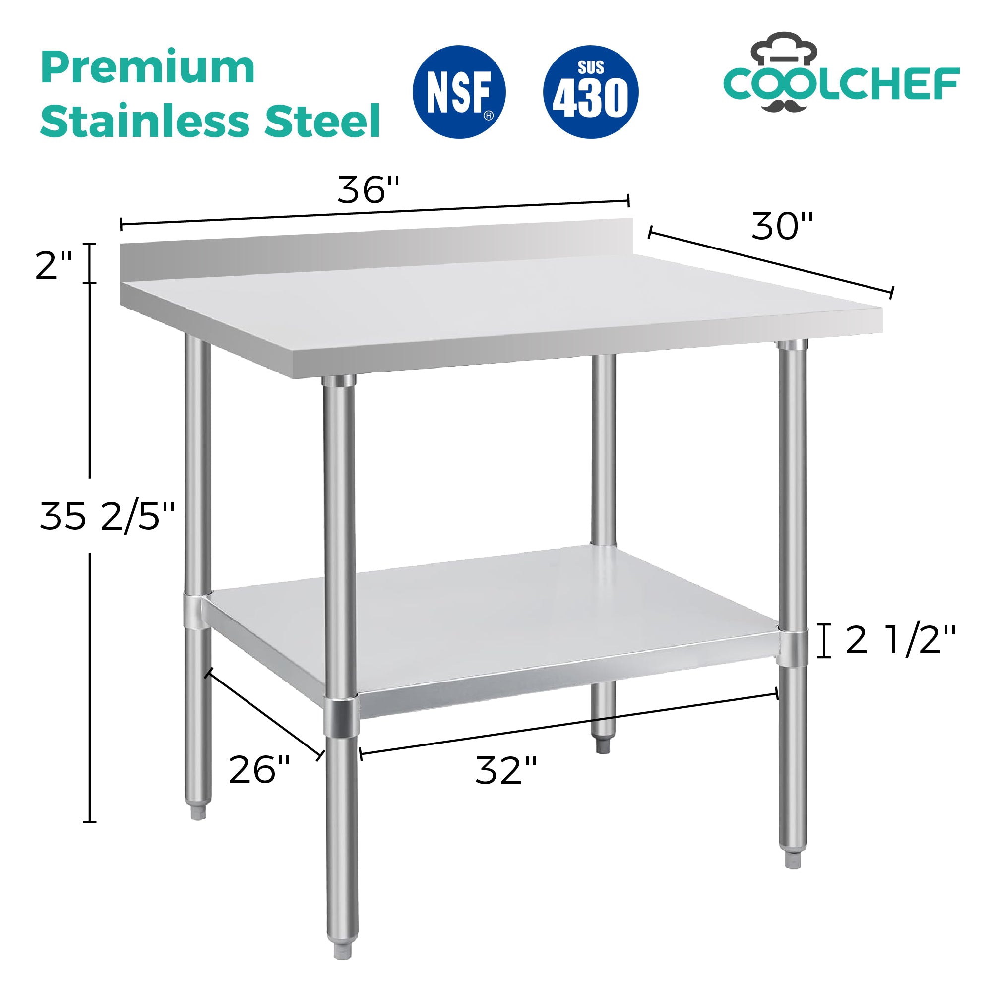 COOLCHEF 30-Gauge Stainless Steel Commercial Work Table with Backsplash