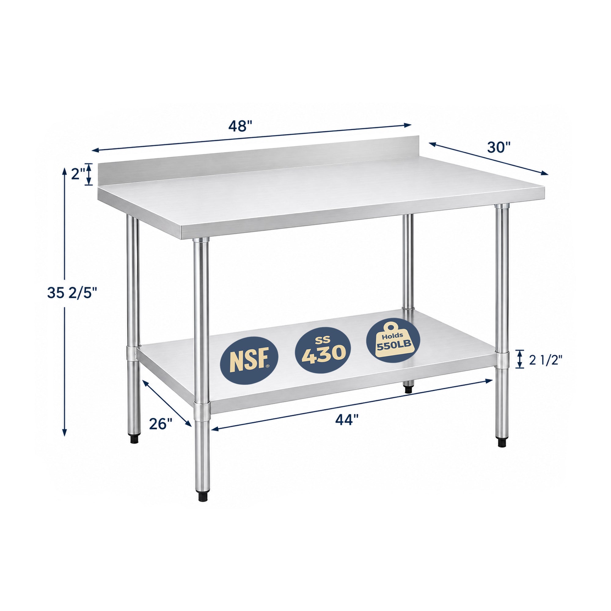 30" x 48" 18-Gauge Stainless Steel Commercial Work Table with 2" Backsplash and Undershelf