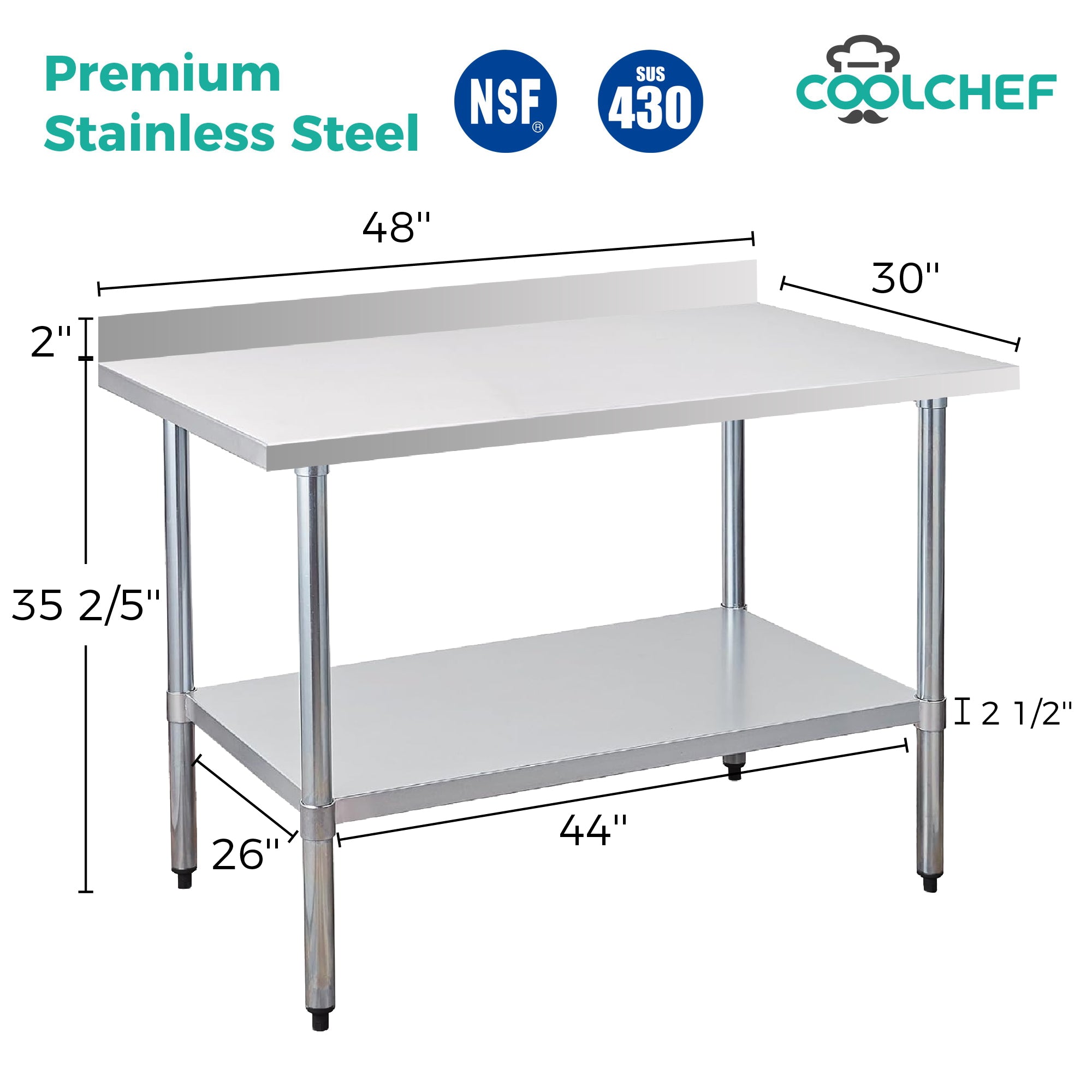 30" x 48" 30-Gauge Stainless Steel Commercial Work Table with 2" Backsplash and Undershelf