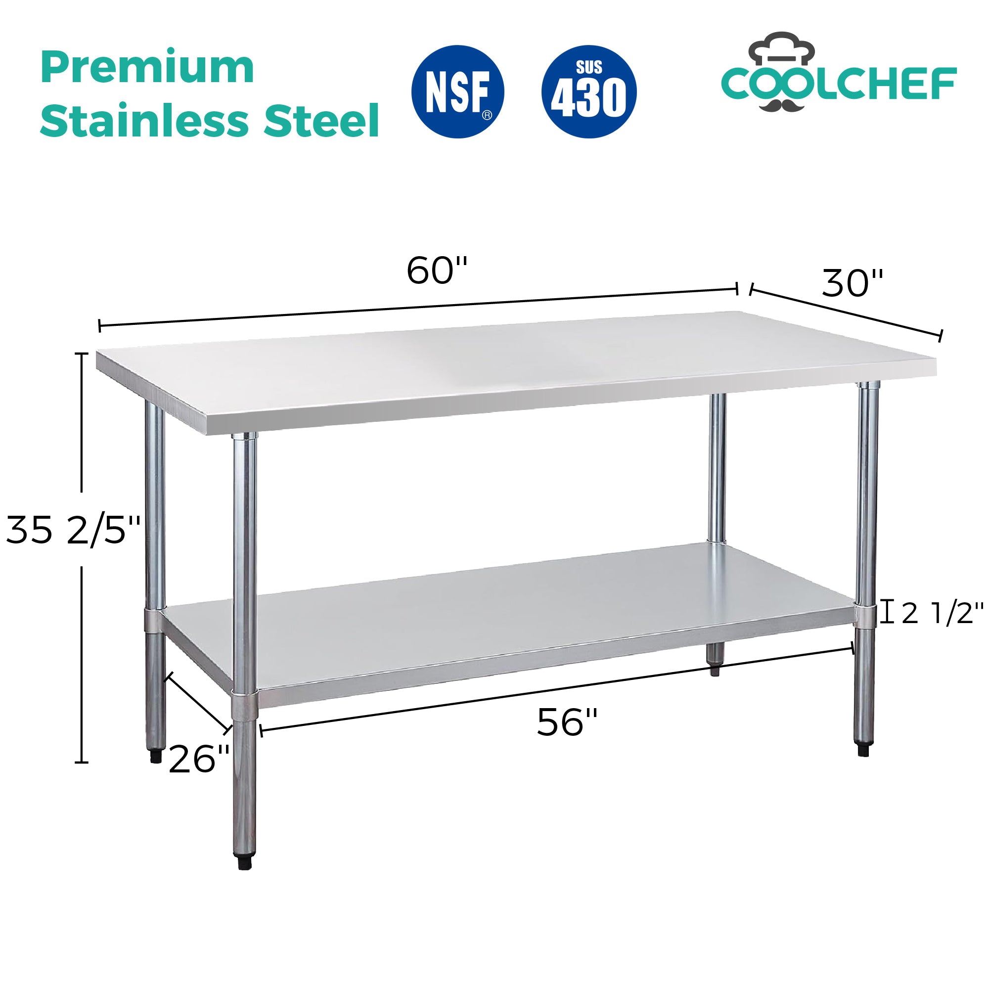 COOLCHEF 30-Gauge Stainless Steel Commercial Work Table