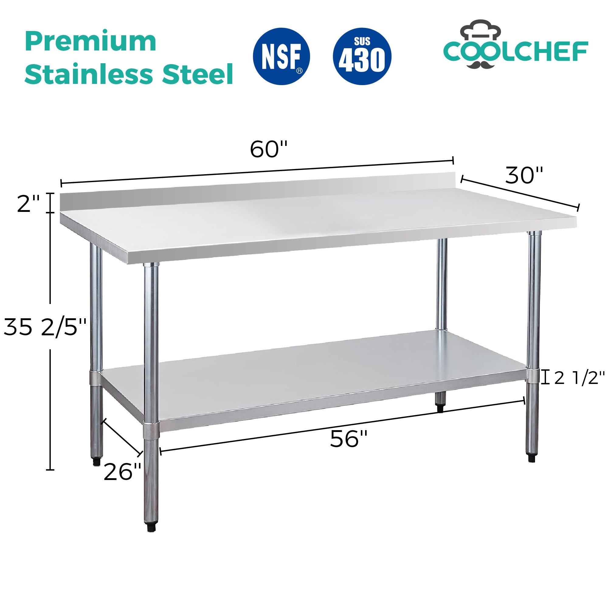 30" x 60" 30-Gauge Stainless Steel Commercial Work Table with 2" Backsplash and Undershelf