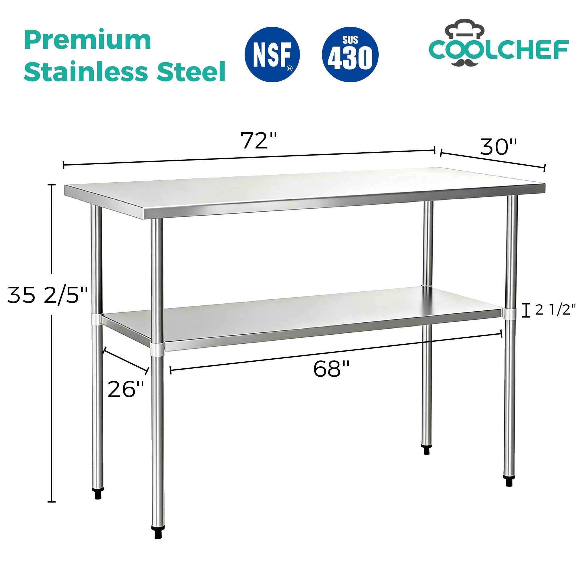 COOLCHEF 30-Gauge Stainless Steel Commercial Work Table