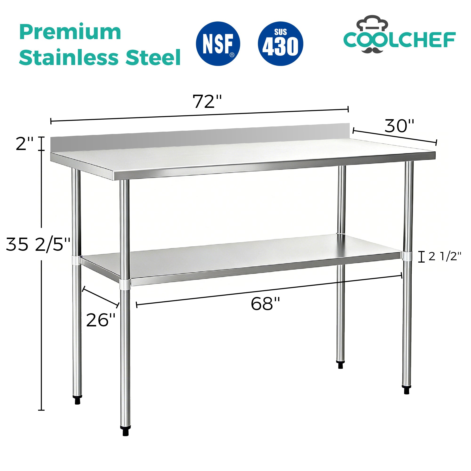 30" x 72" 30-Gauge Stainless Steel Commercial Work Table with 2" Backsplash and Undershelf