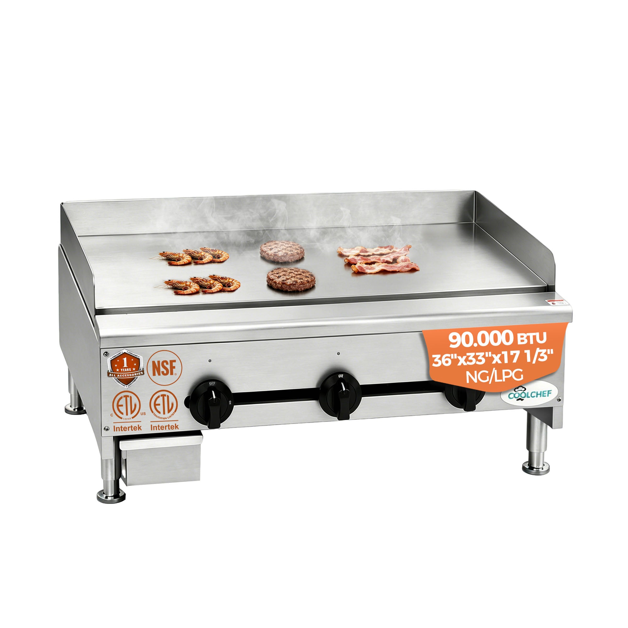 COOLCHEF 36”Commercial Gas Griddle,90,000 BTU Countertop Flat Top Grill, 3 Independent Burners, Heavy-Duty Stainless Steel Construction, NG/LP Convertible, ETL Certified