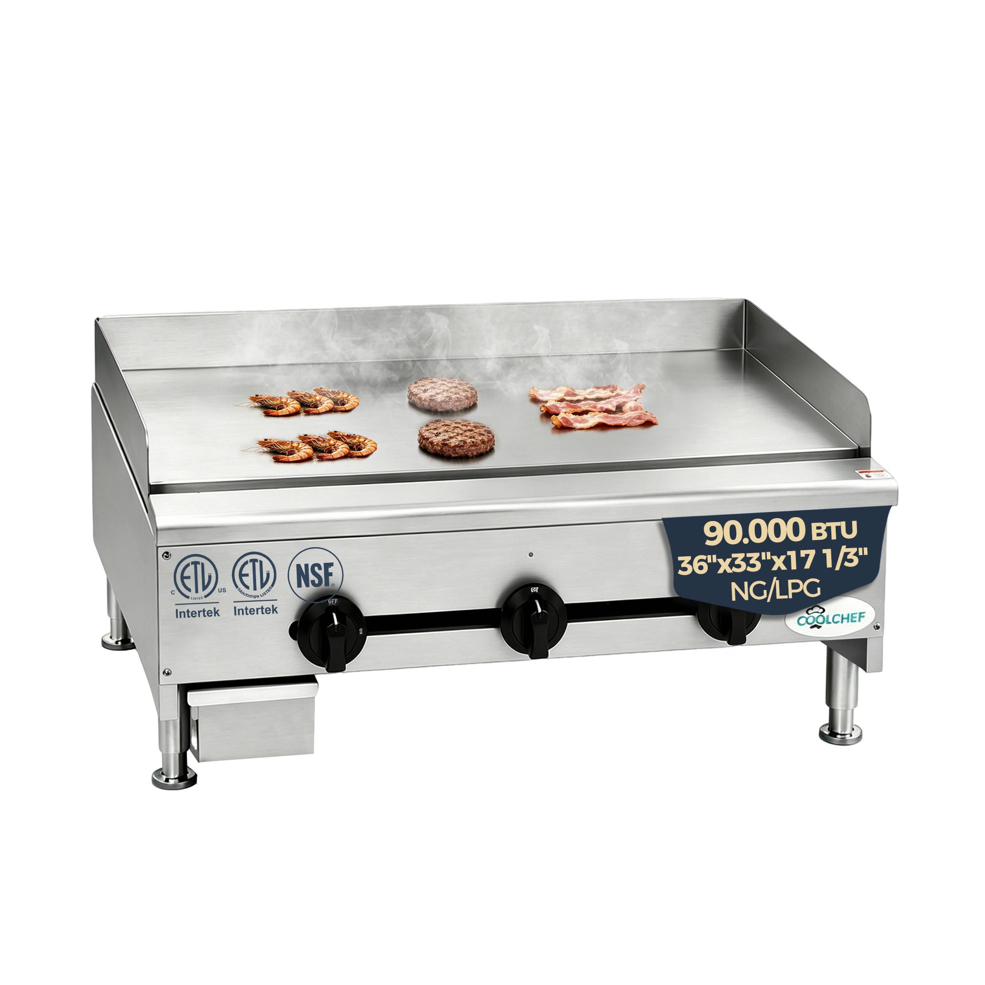 COOLCHEF 36”Commercial Gas Griddle,90,000 BTU Countertop Flat Top Grill, 3 Independent Burners, Heavy-Duty Stainless Steel Construction, NG/LP Convertible, ETL Certified