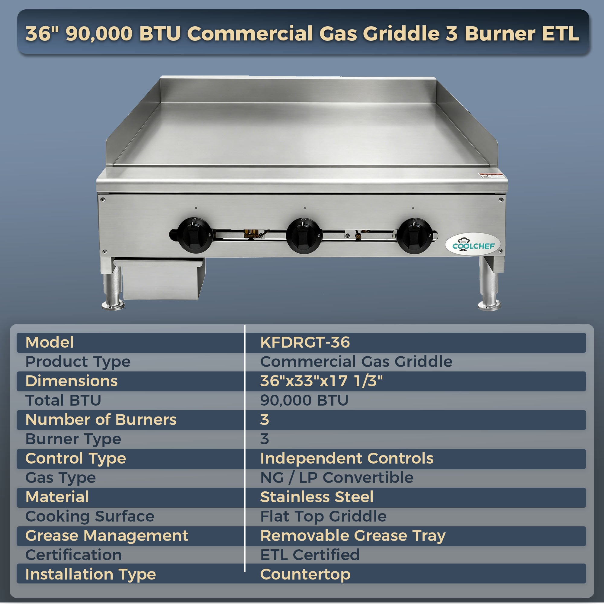 COOLCHEF 36”Commercial Gas Griddle,90,000 BTU Countertop Flat Top Grill, 3 Independent Burners, Heavy-Duty Stainless Steel Construction, NG/LP Convertible, ETL Certified