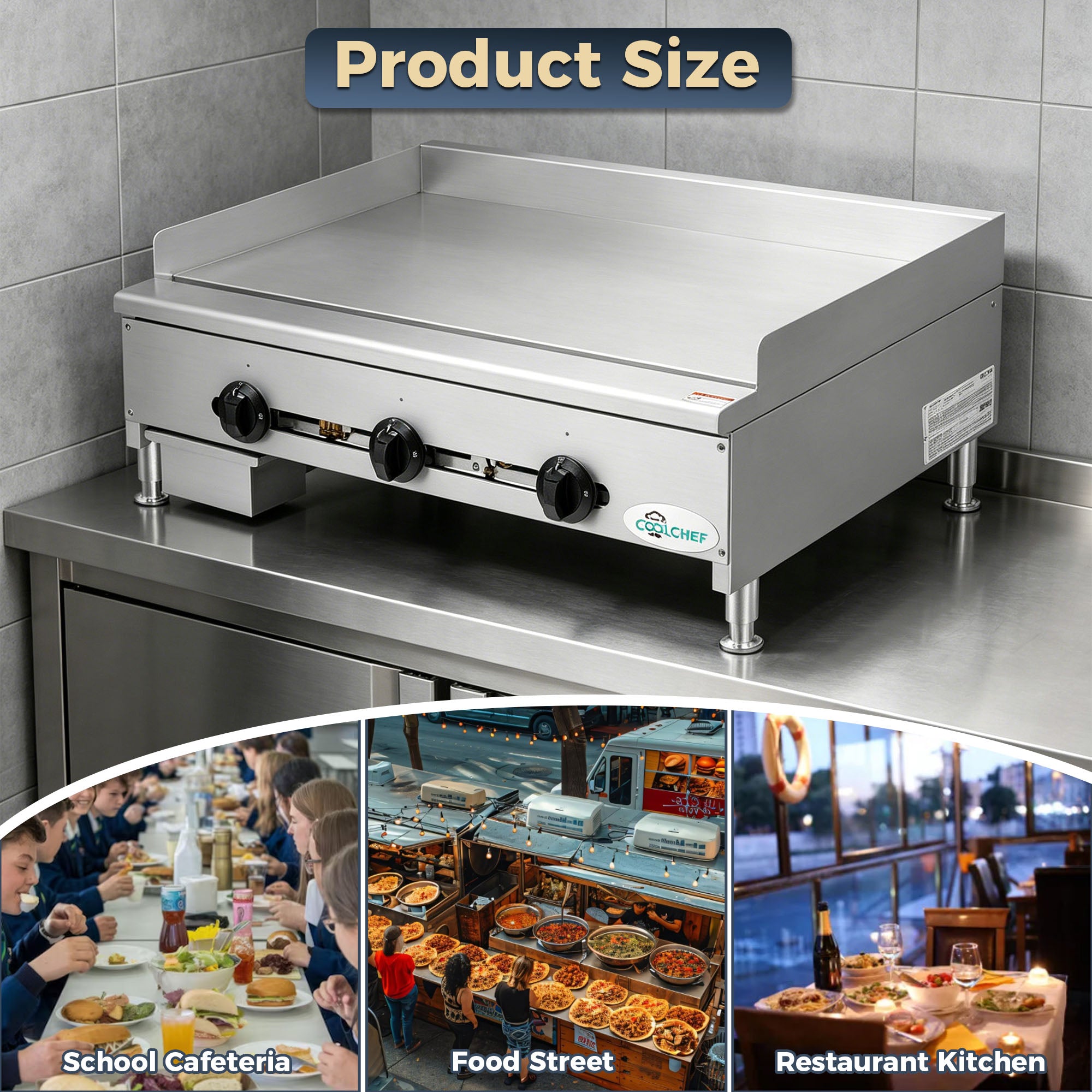COOLCHEF 36”Commercial Gas Griddle,90,000 BTU Countertop Flat Top Grill, 3 Independent Burners, Heavy-Duty Stainless Steel Construction, NG/LP Convertible, ETL Certified