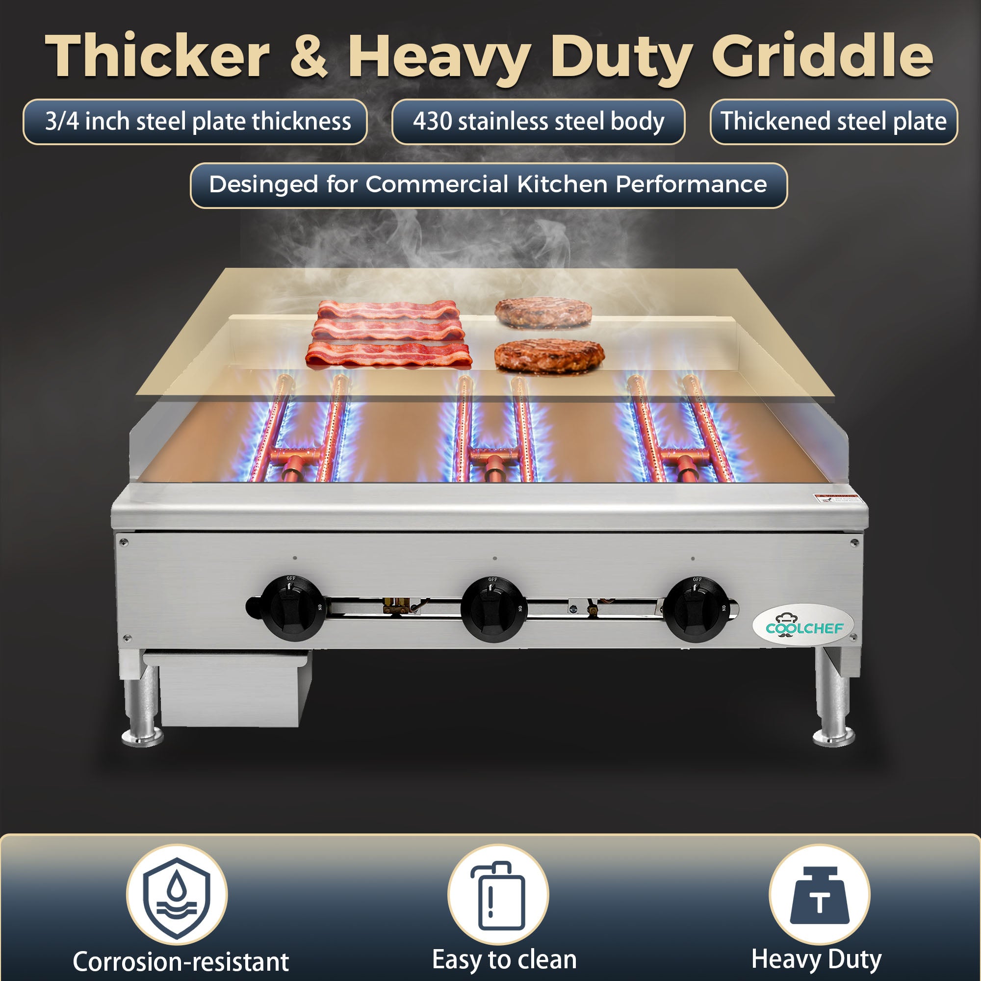 COOLCHEF 36”Commercial Gas Griddle,90,000 BTU Countertop Flat Top Grill, 3 Independent Burners, Heavy-Duty Stainless Steel Construction, NG/LP Convertible, ETL Certified