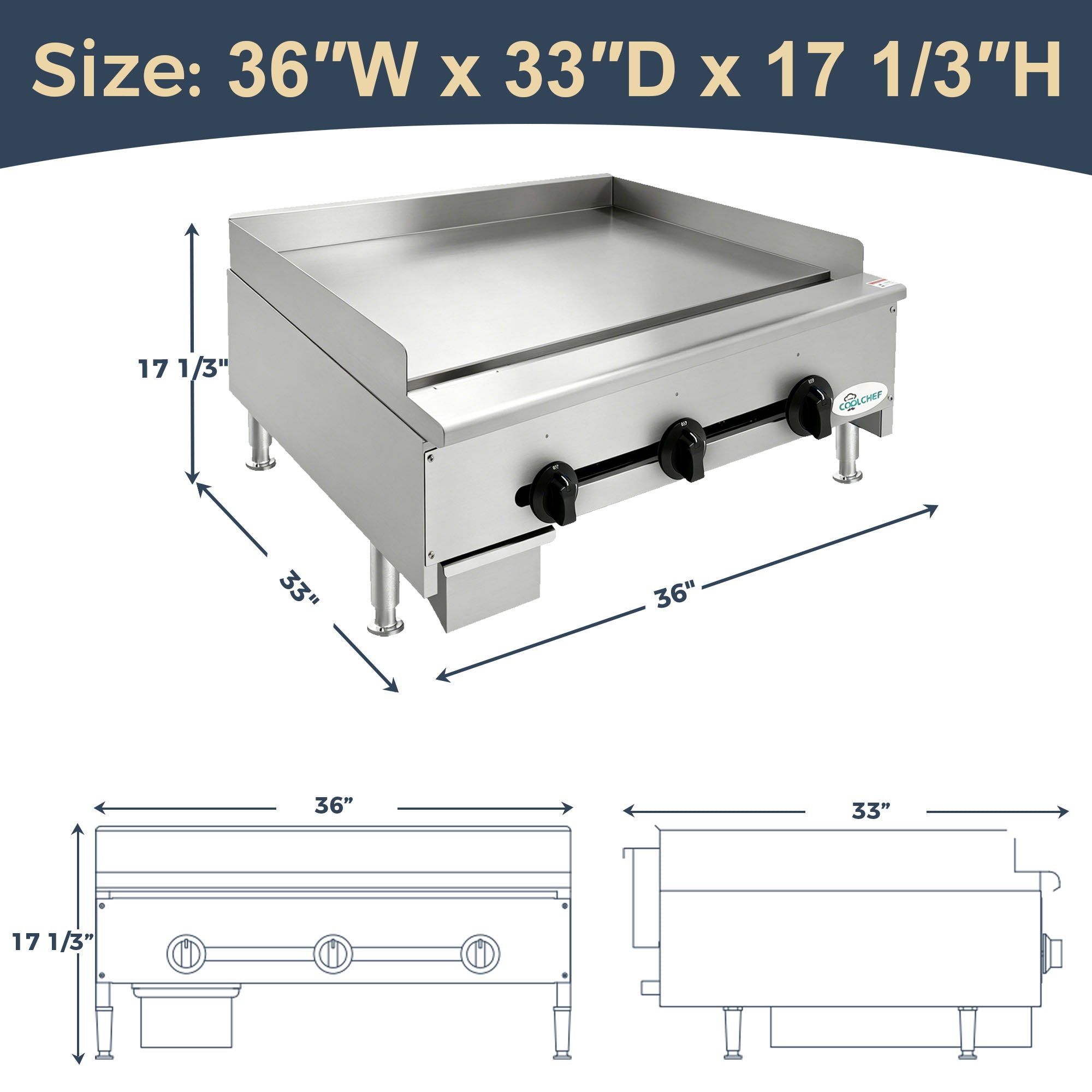 COOLCHEF 36”Commercial Gas Griddle,90,000 BTU Countertop Flat Top Grill, 3 Independent Burners, Heavy-Duty Stainless Steel Construction, NG/LP Convertible, ETL Certified