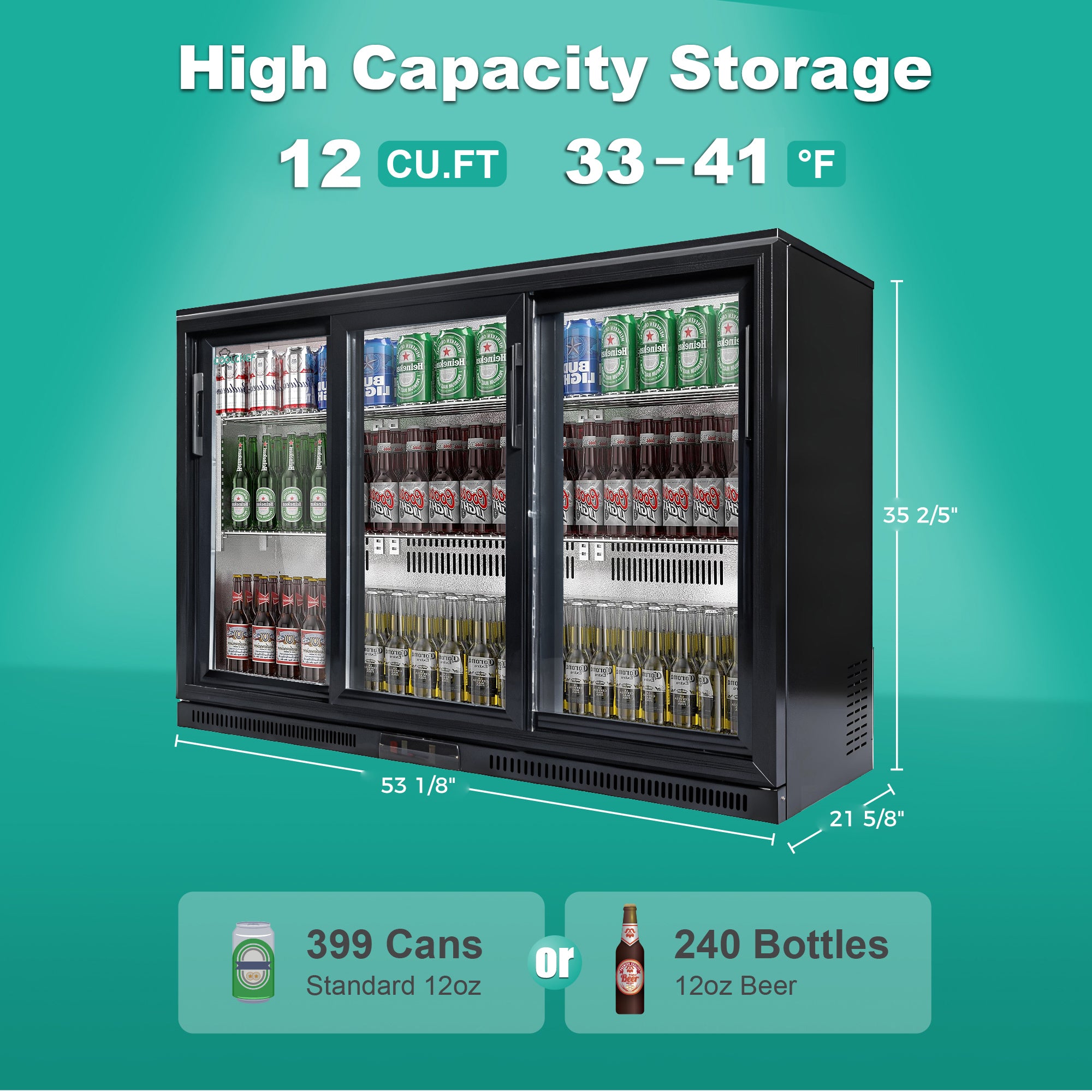 12.2 Cu Ft Commercial Back Bar Cooler Triple Glass Door 33-41F