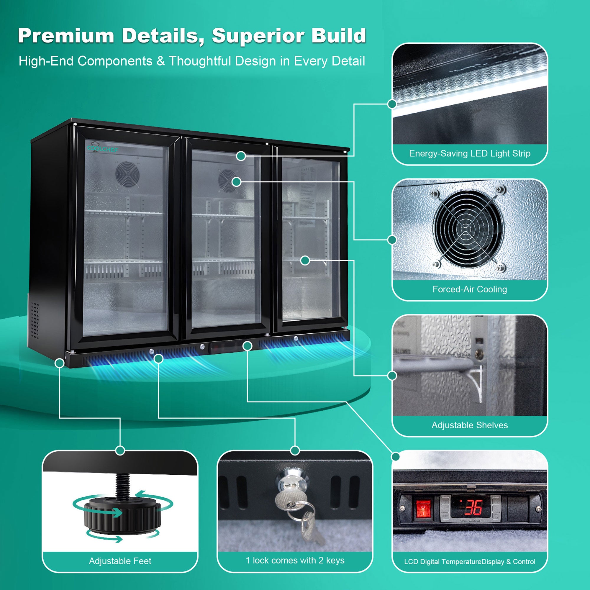 12.2 Cu Ft Commercial Back Bar Cooler Triple Glass Door 33-41F