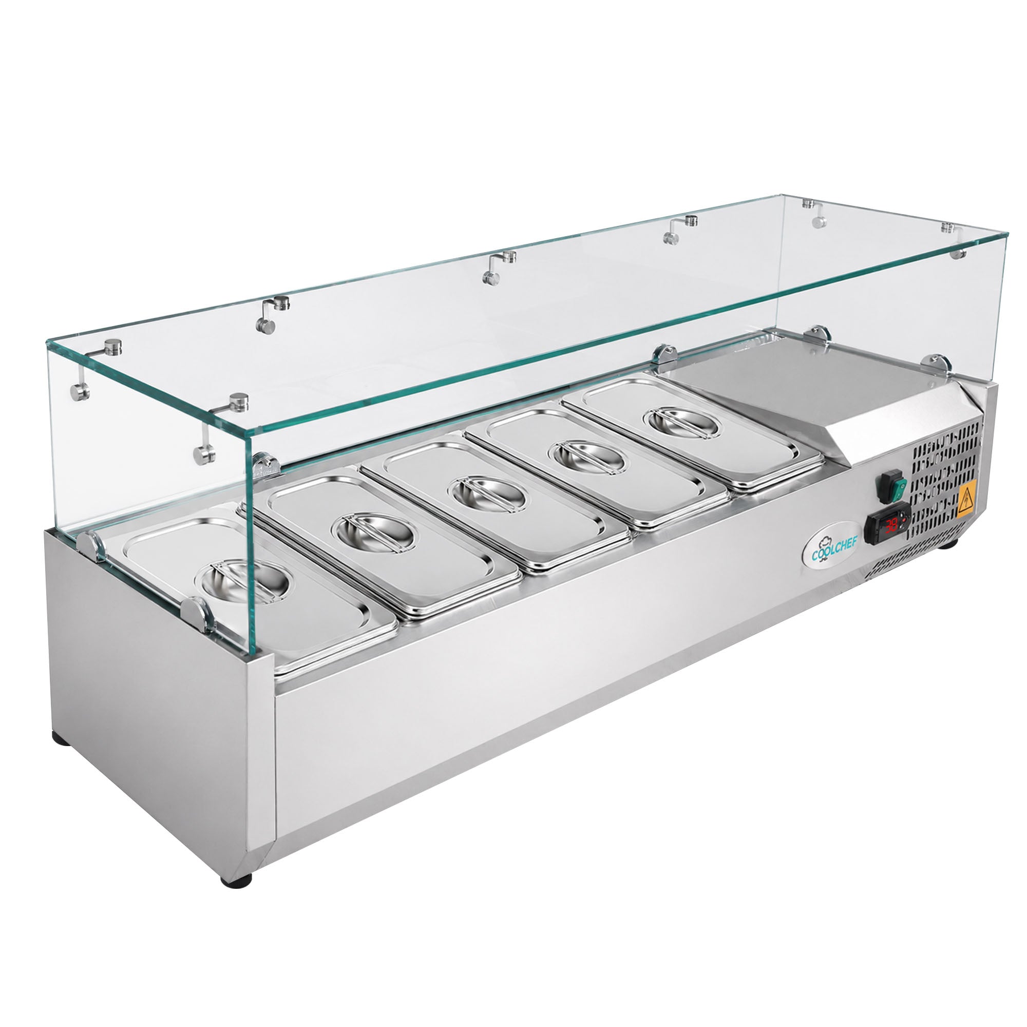 Commercial refrigerated prep rail with five covered stainless steel GN pans