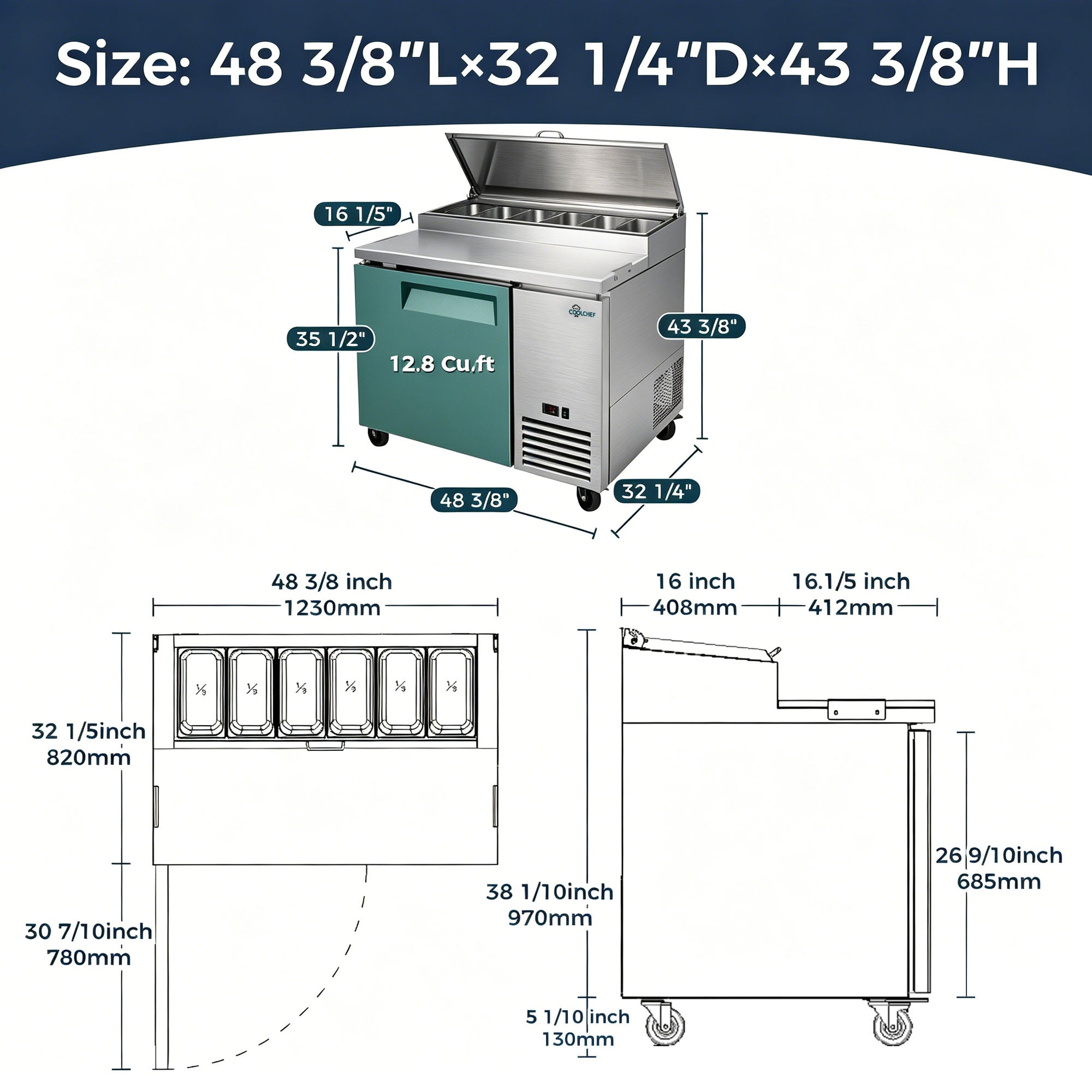 COOLCHEF 44" Pizza Prep Table Refrigerator