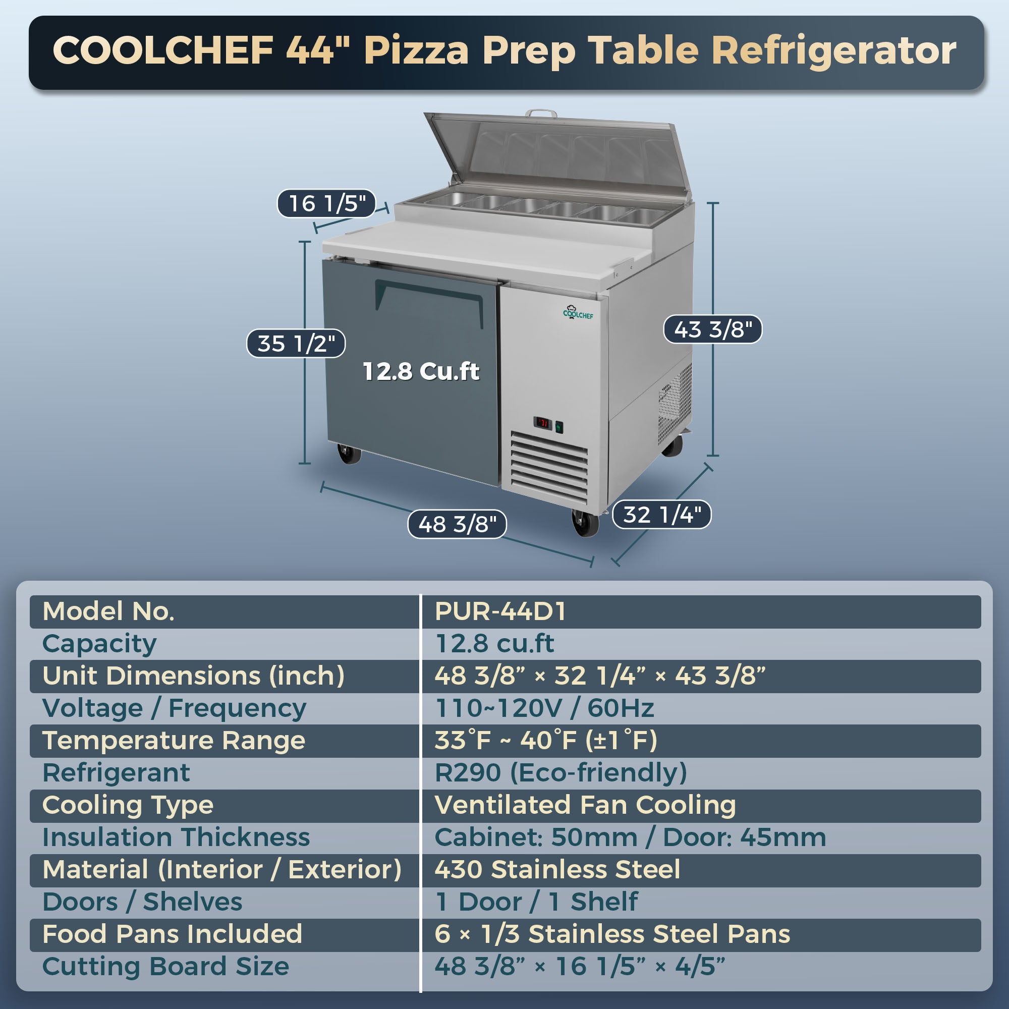 COOLCHEF 44" Pizza Prep Table Refrigerator
