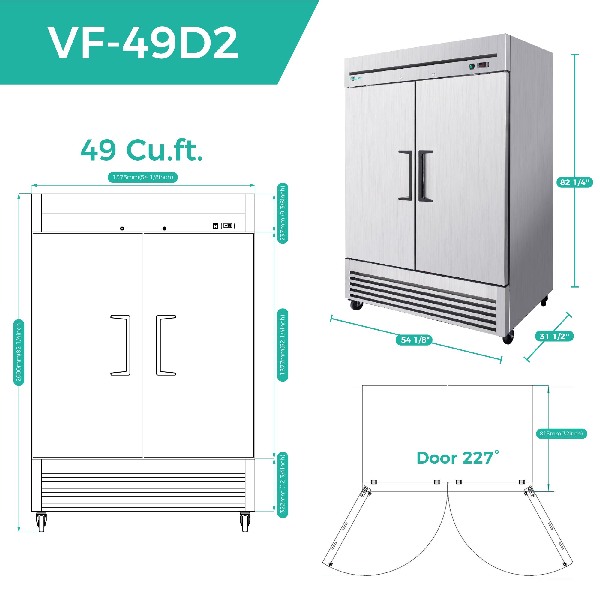 49 Cu Ft 2 Door Commercial Reach In Freezer ETL