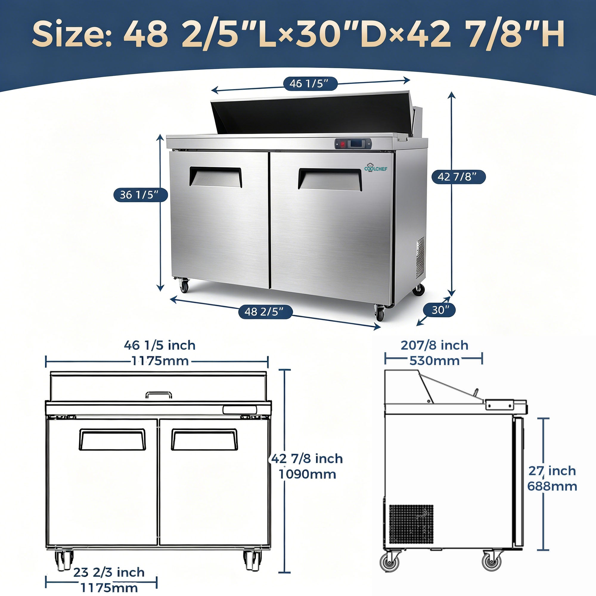 48" Commercial Sandwich Prep Table 12 Pan 33-41°F ETL