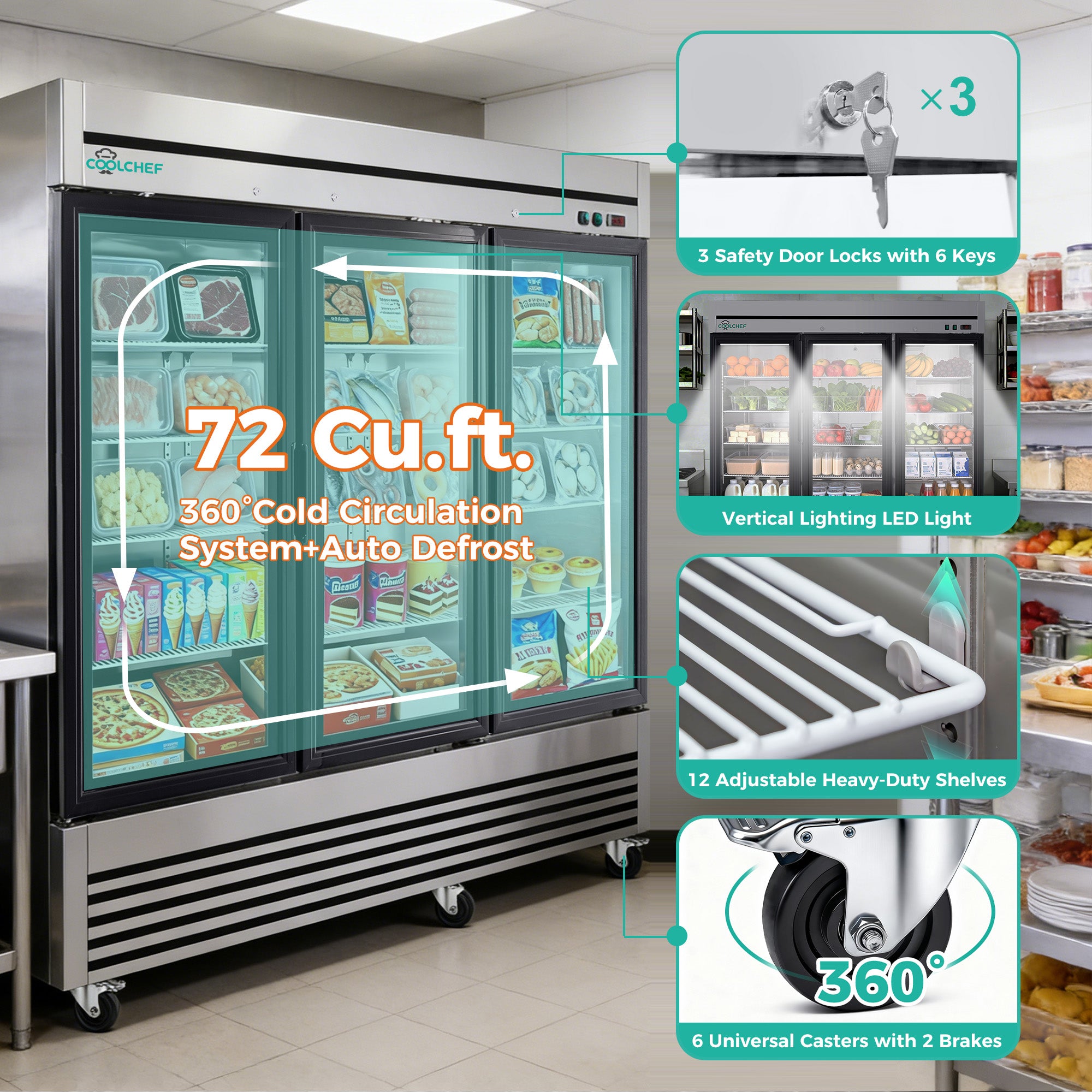 72 Cu Ft Commercial Glass Door Freezer -8 to 0°F ETL