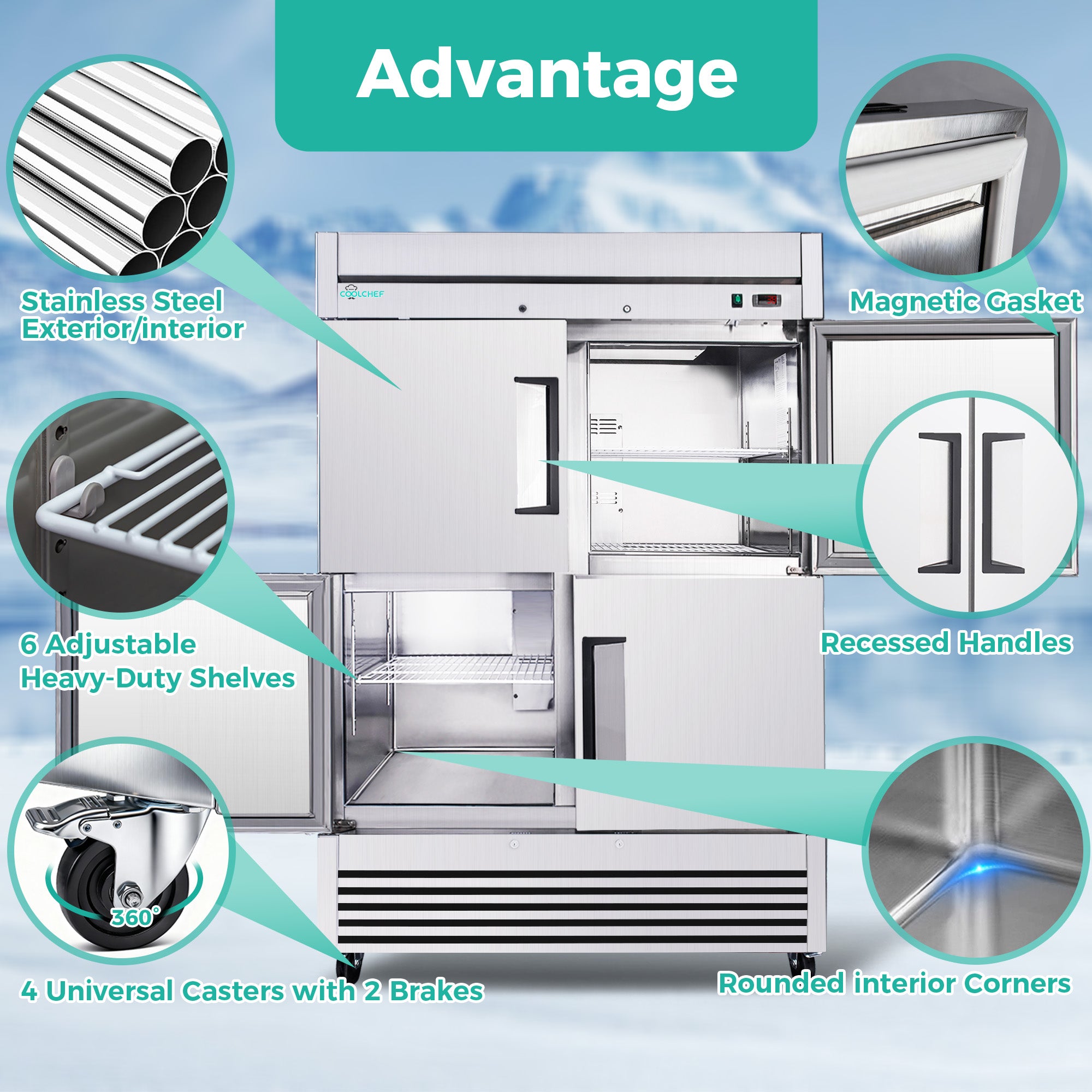 49 Cu Ft 54" Commercial 4 Half Door Reach-In Refrigerator ETL