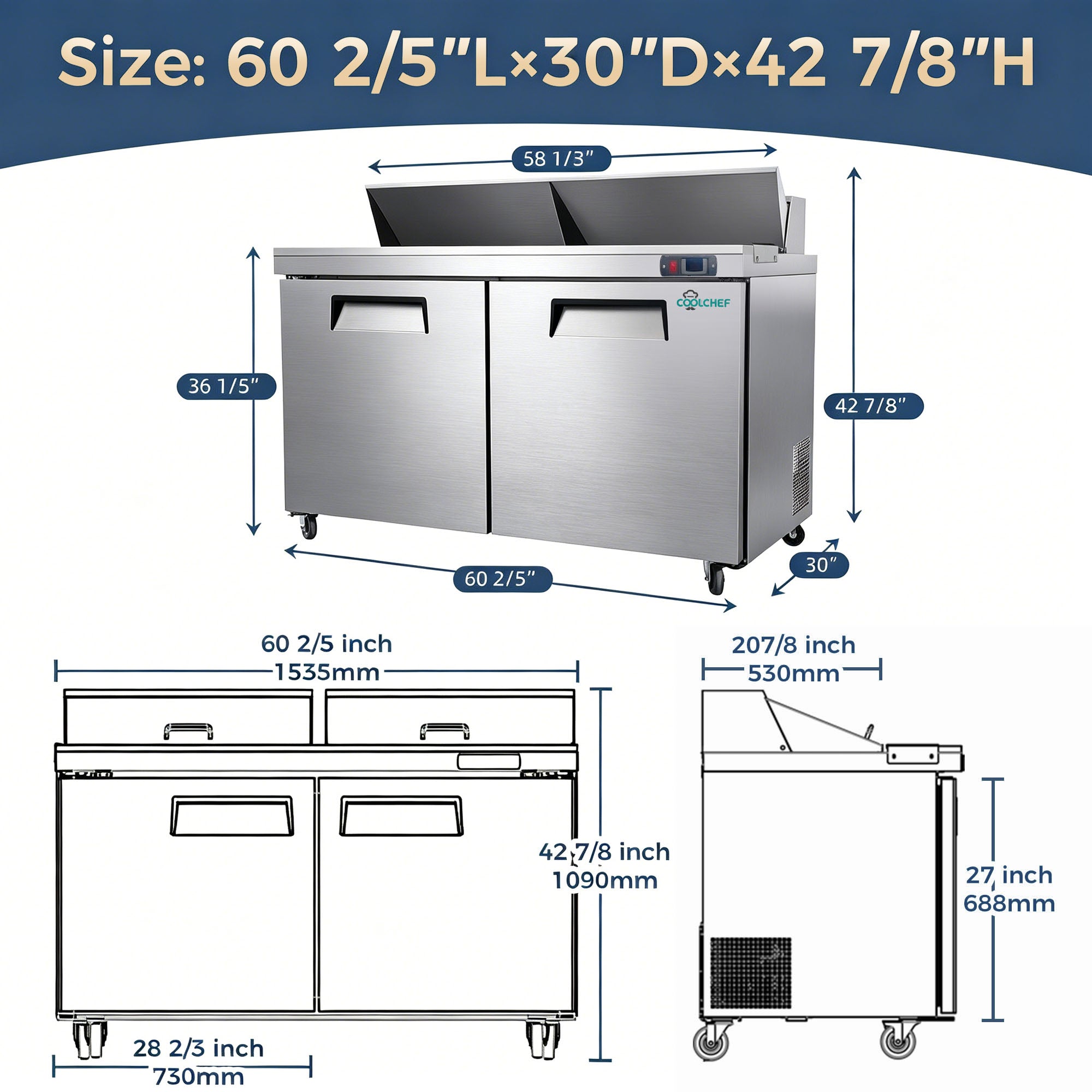 60" Commercial Sandwich Prep Table 16 Pan 33-41°F ETL