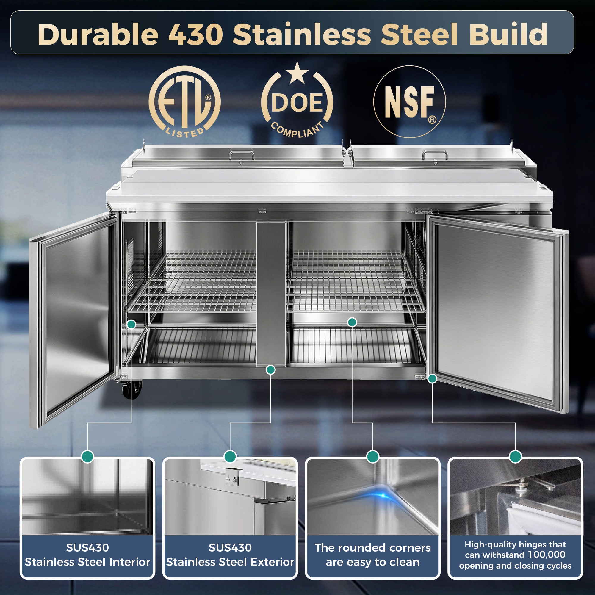 COOLCHEF 67" 2 Door Pizza Prep Refrigerator