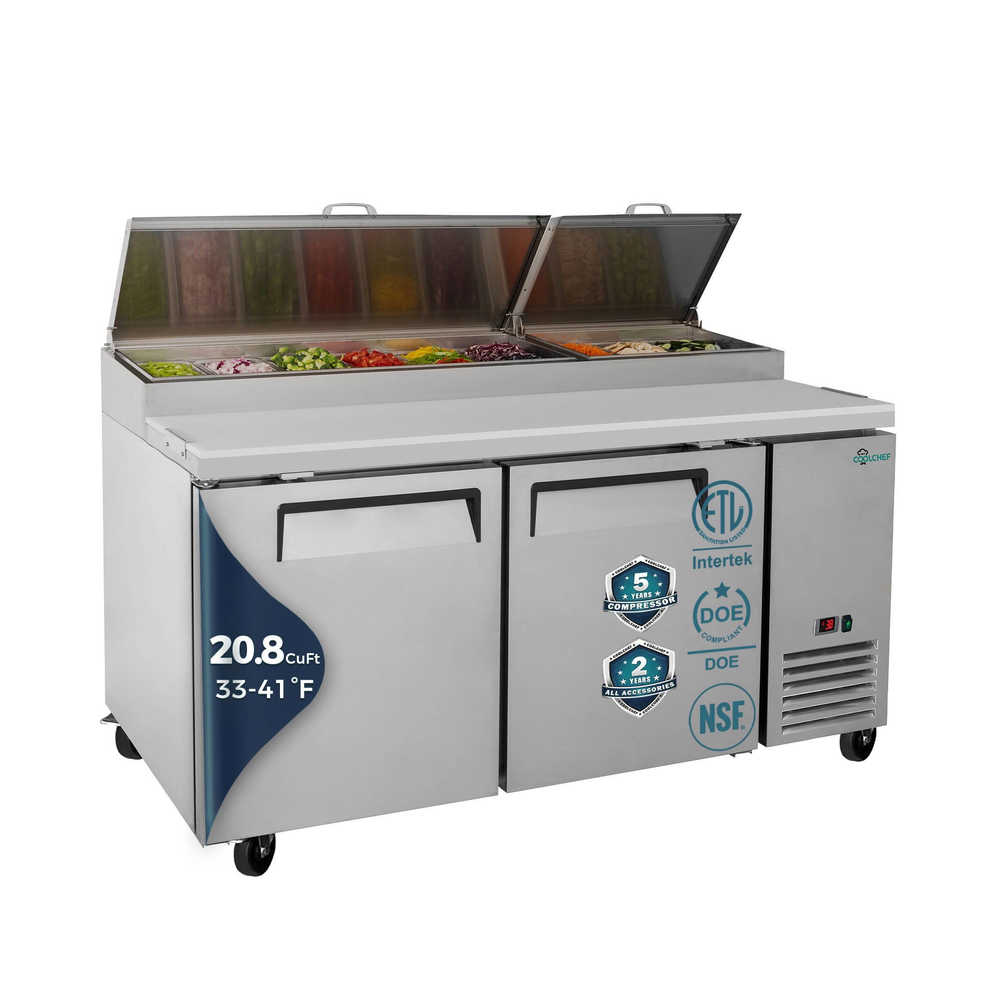 COOLCHEF 67" 2 Door Pizza Prep Refrigerator