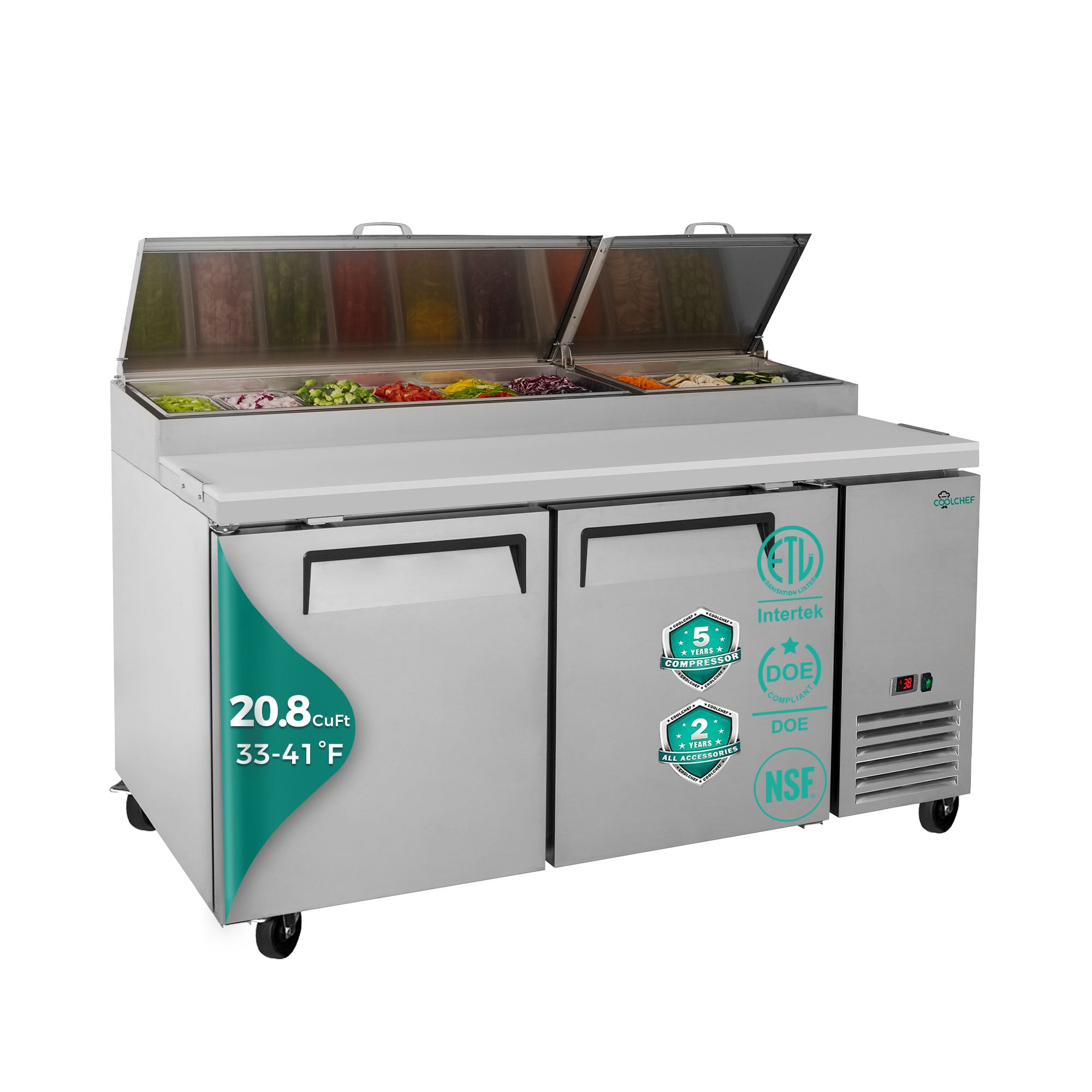 COOLCHEF 67" 2 Door Pizza Prep Refrigerator