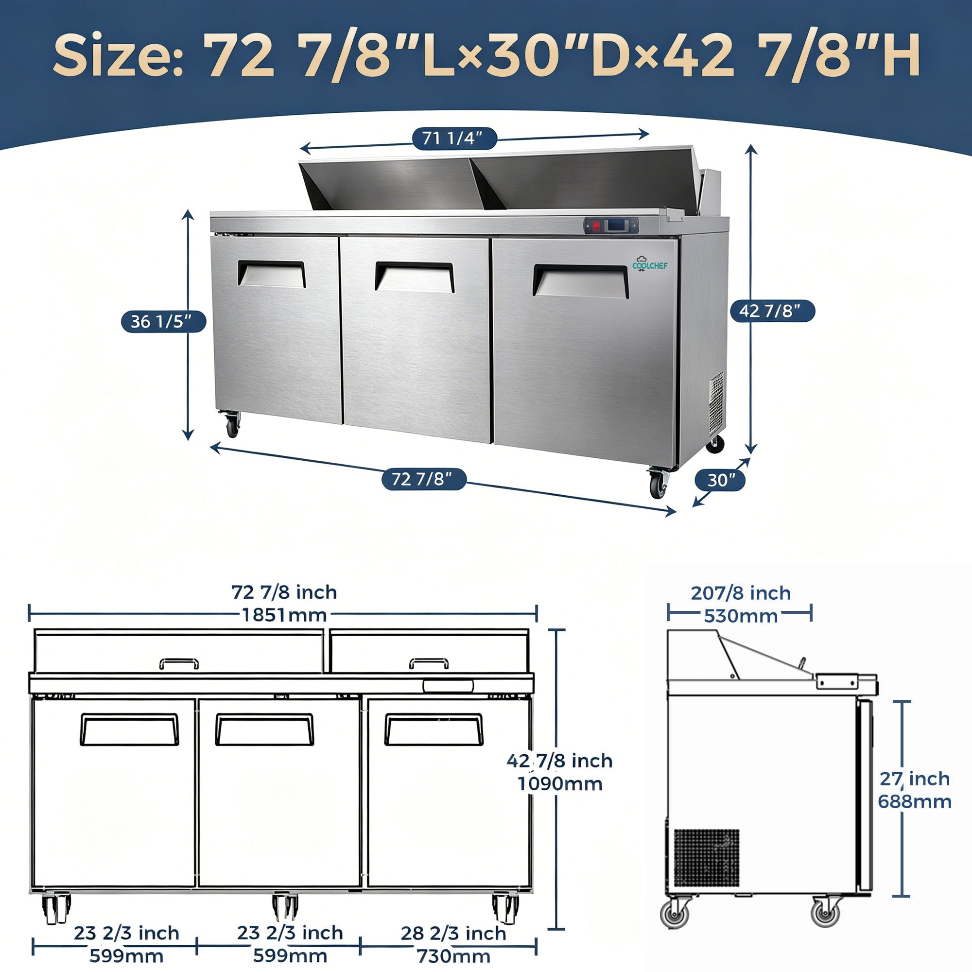 72" Commercial Sandwich Prep Table 18 Pan 33-41°F ETL