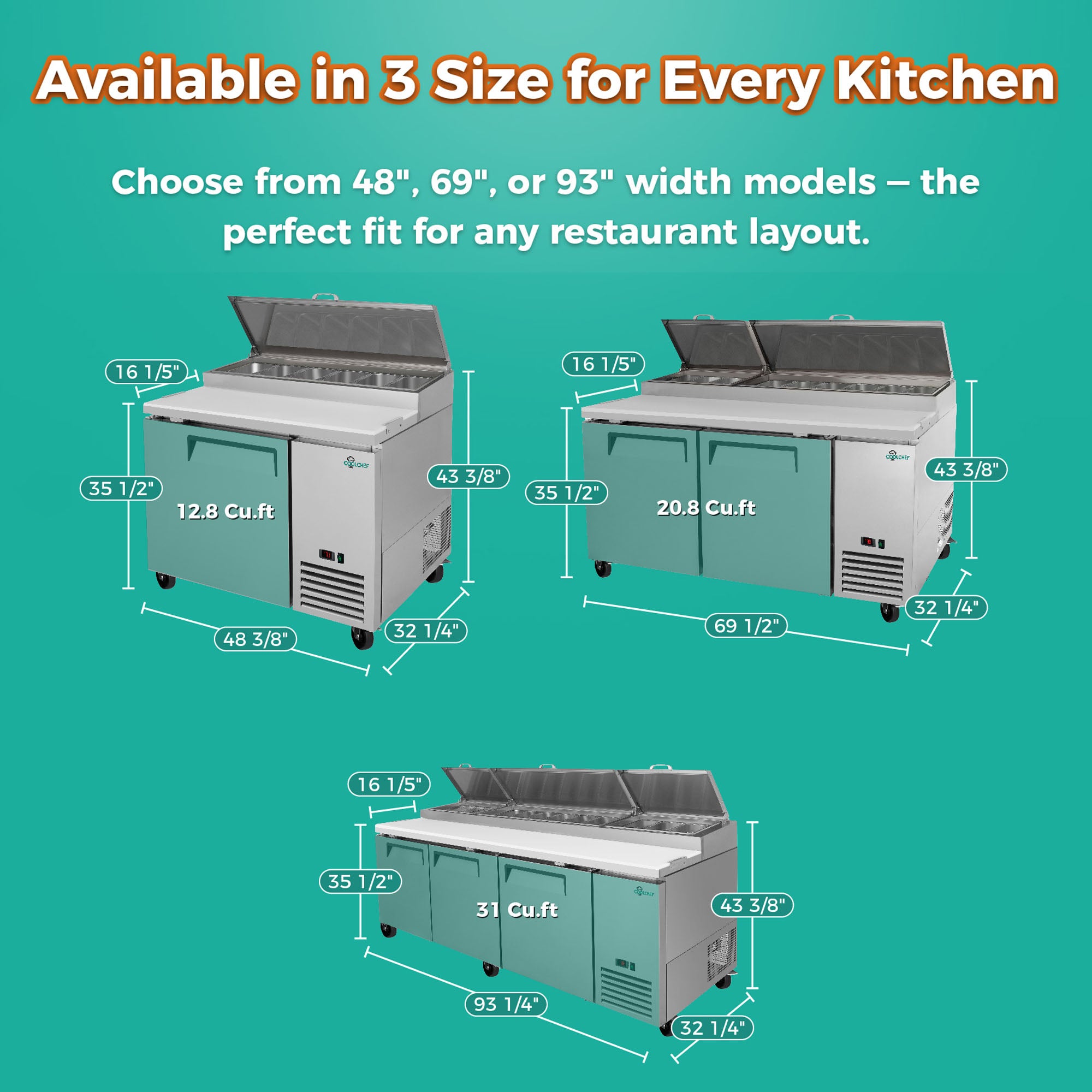 COOLCHEF 69" 2 Door Pizza Prep Refrigerator