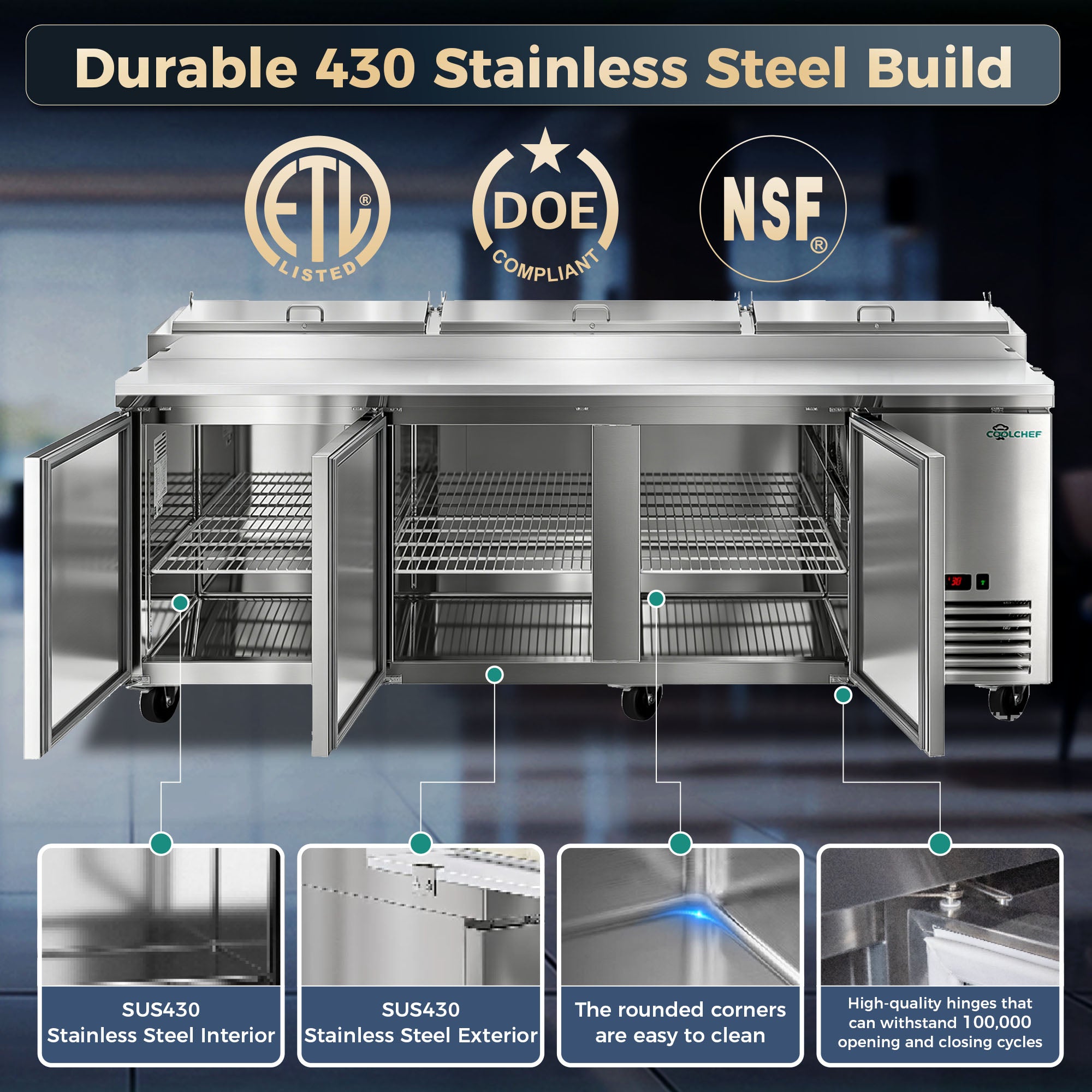 COOLCHEF 93" 3 Door Pizza Prep Refrigerator