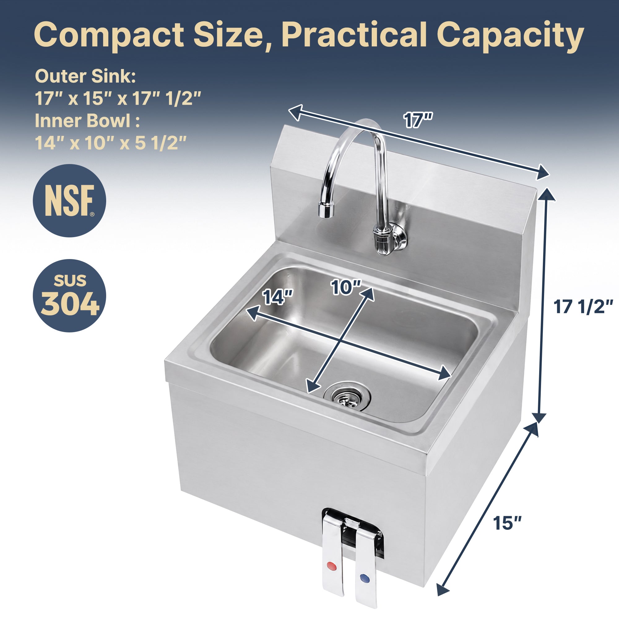 17" x 15" Wall Mounted Hands-Free Hand Sink with Hot & Cold Knee Valves