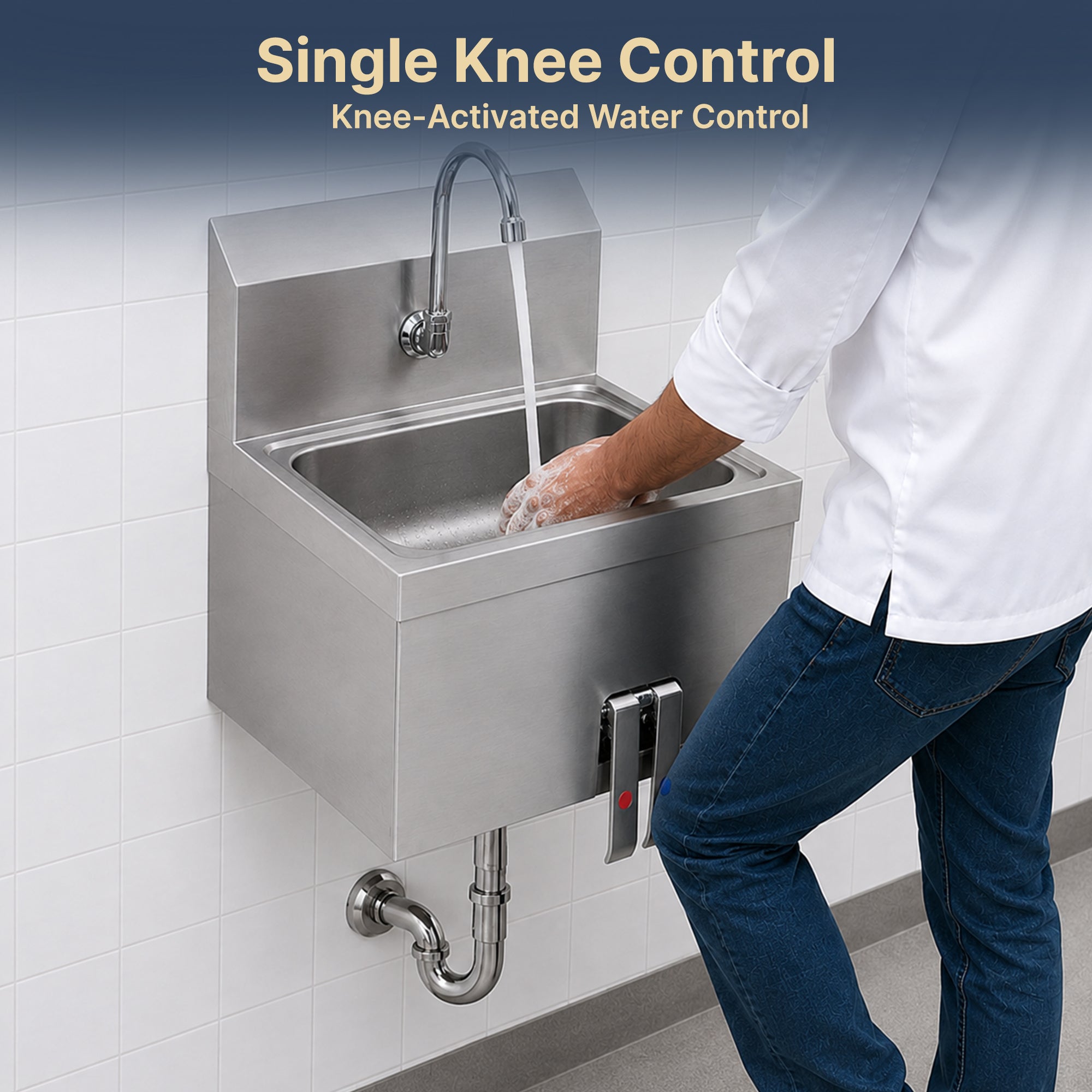 17" x 15" Wall Mounted Hands-Free Hand Sink with Hot & Cold Knee Valves