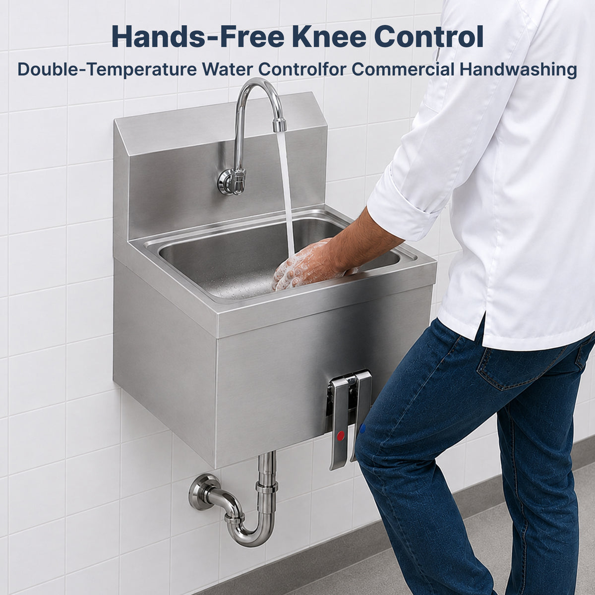 17" x 15" Wall Mounted Hands-Free Hand Sink with Hot & Cold Knee Valves