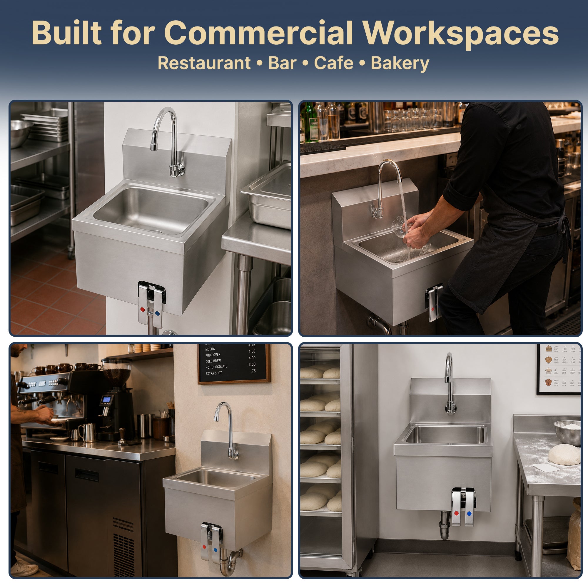 17" x 15" Wall Mounted Hands-Free Hand Sink with Hot & Cold Knee Valves