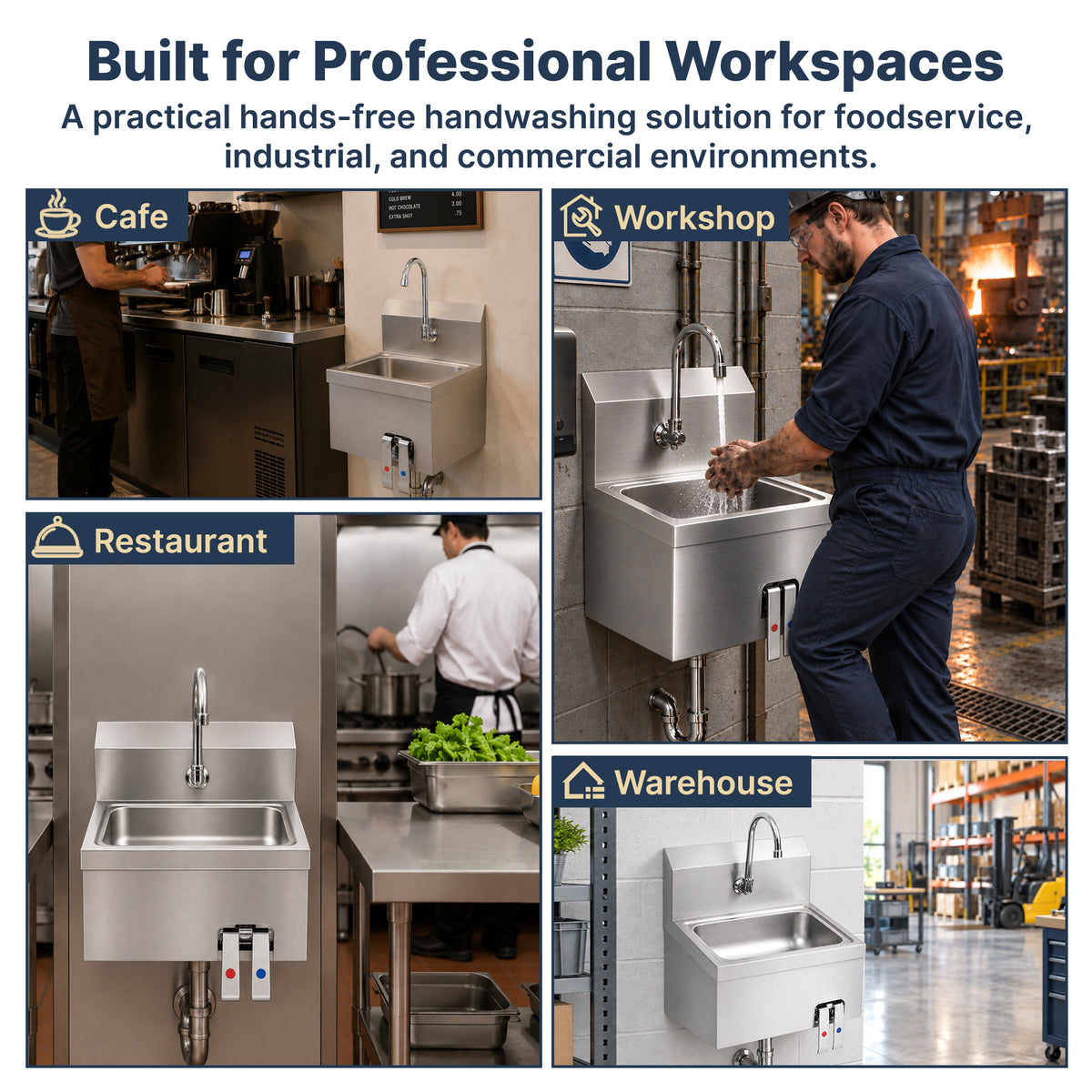 17" x 15" Wall Mounted Hands-Free Hand Sink with Hot & Cold Knee Valves