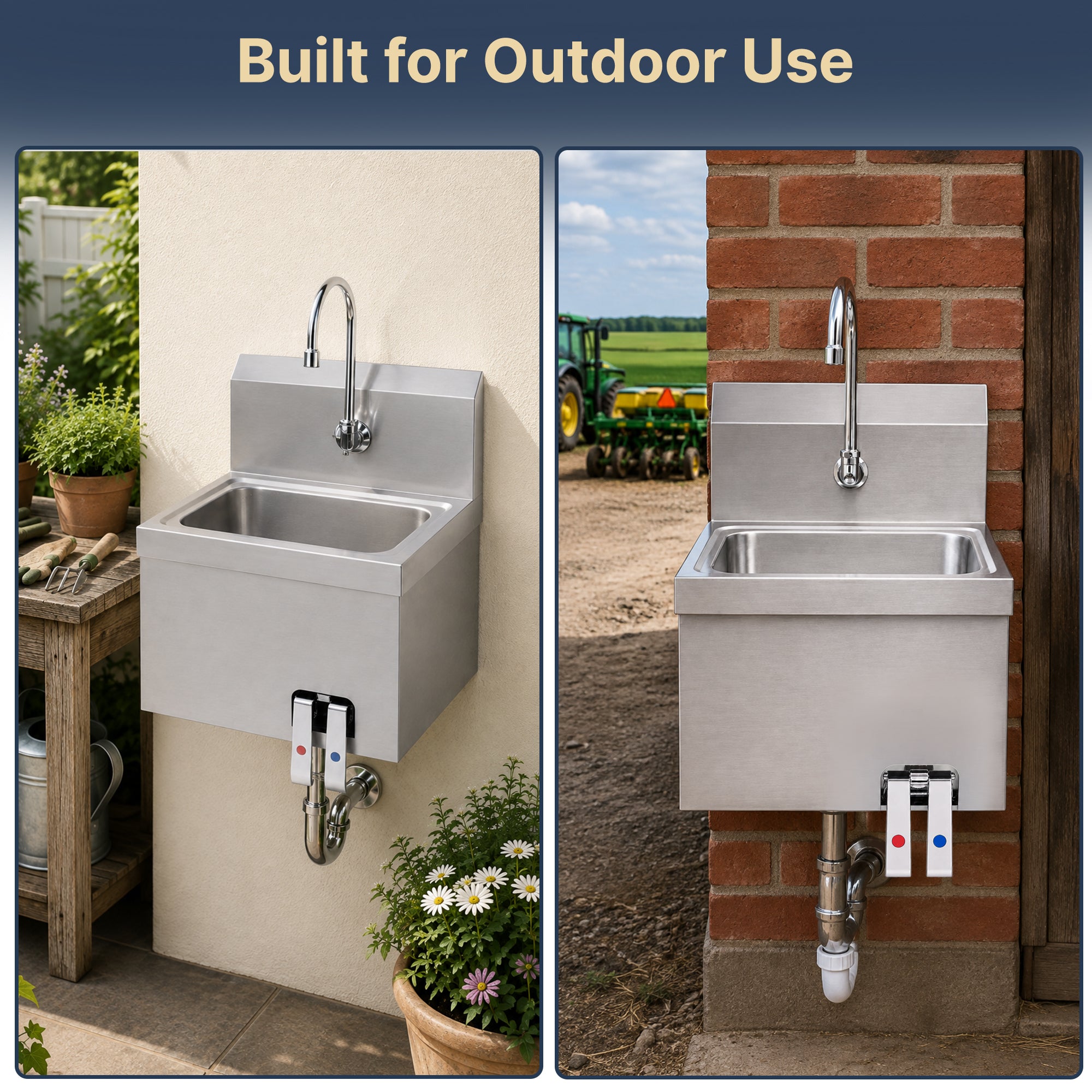 17" x 15" Wall Mounted Hands-Free Hand Sink with Hot & Cold Knee Valves