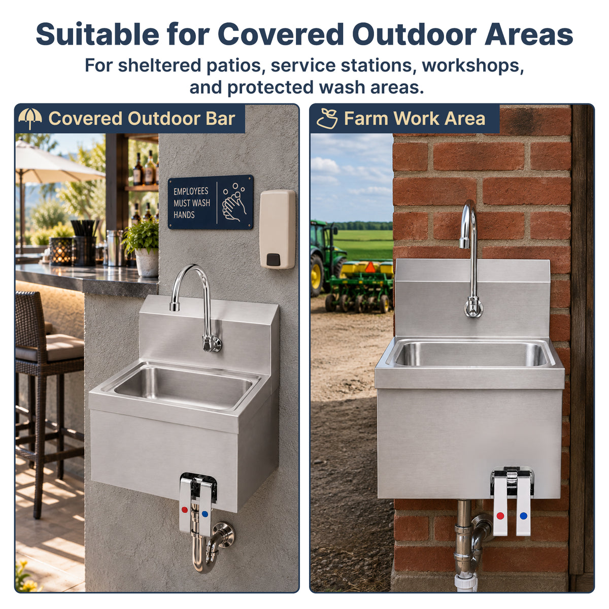 17" x 15" Wall Mounted Hands-Free Hand Sink with Hot & Cold Knee Valves