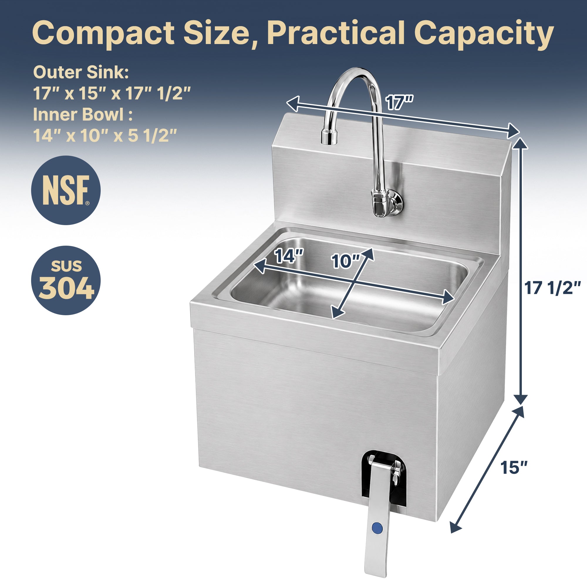17" x 15" Wall Mounted Hands-Free Hand Sink with Knee Operated Valve
