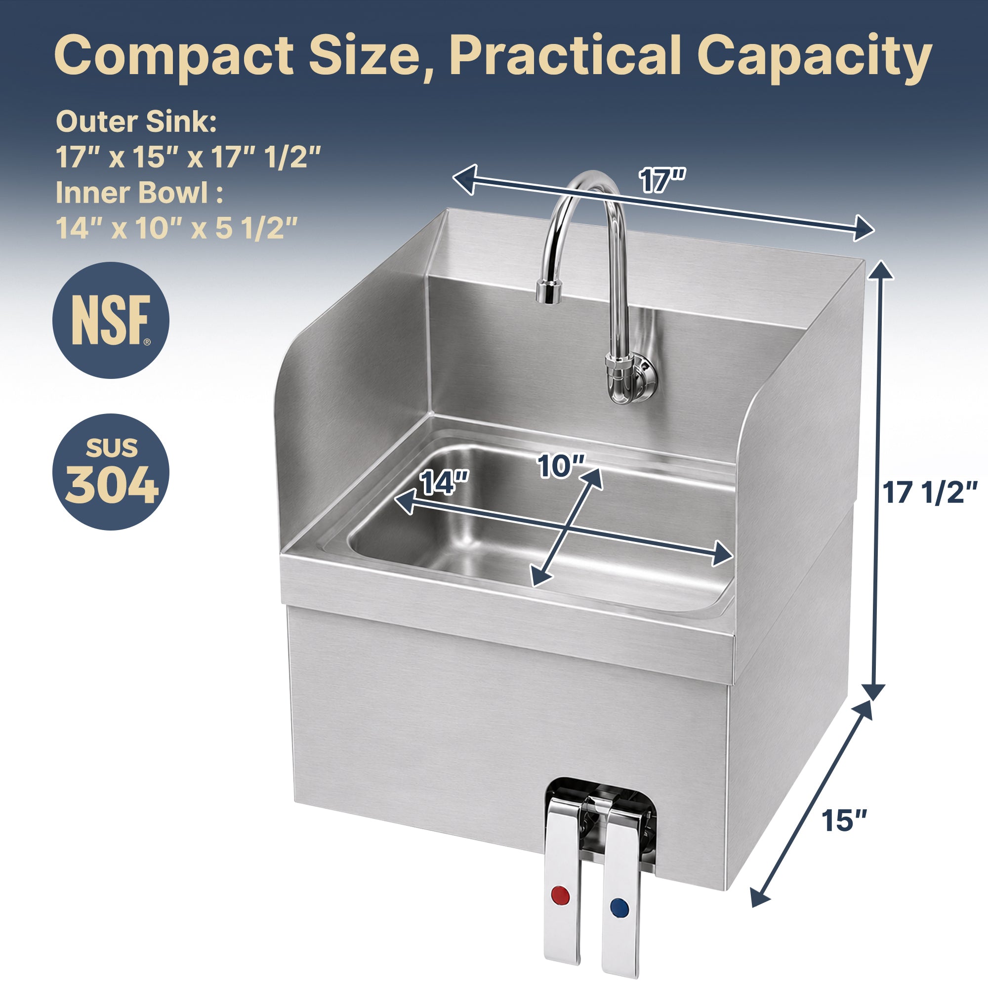 17" x 15" Wall Mounted Hands-Free Hand Sink with Hot & Cold Knee Valves and Side Splashes