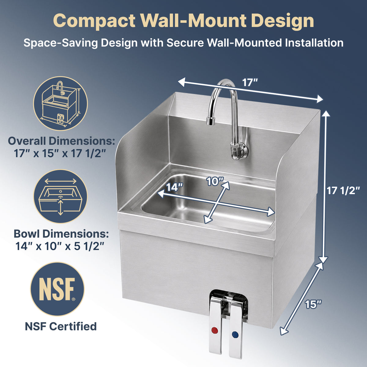 17" x 15" Wall Mounted Hands-Free Hand Sink with Hot & Cold Knee Valves and Side Splashes