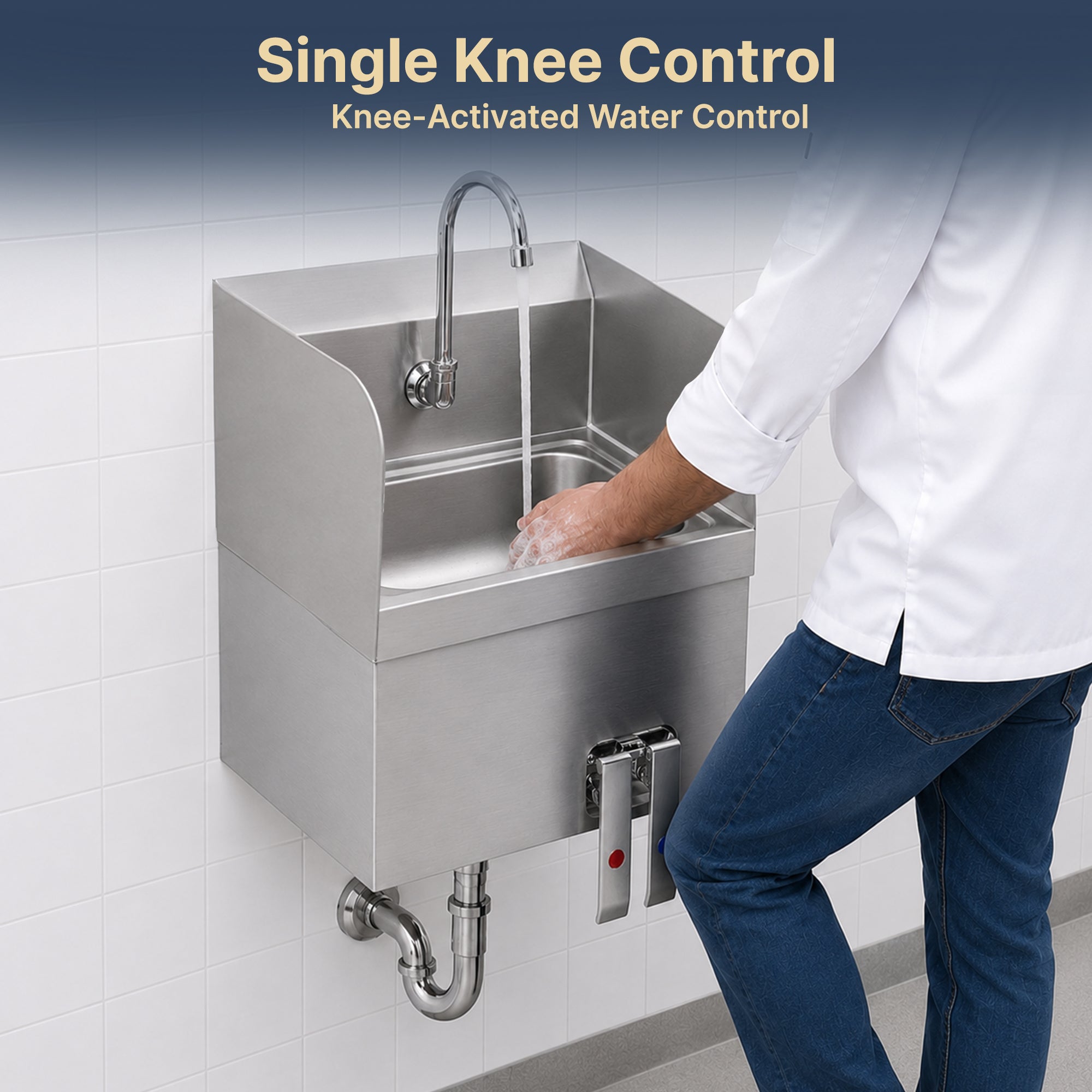17" x 15" Wall Mounted Hands-Free Hand Sink with Hot & Cold Knee Valves and Side Splashes