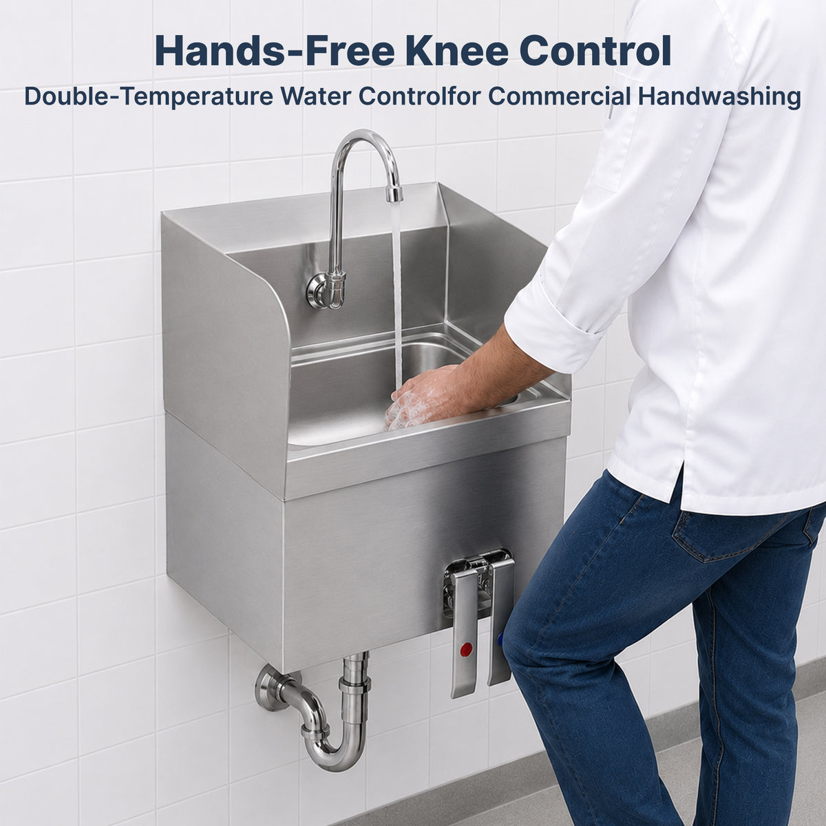 17" x 15" Wall Mounted Hands-Free Hand Sink with Hot & Cold Knee Valves and Side Splashes