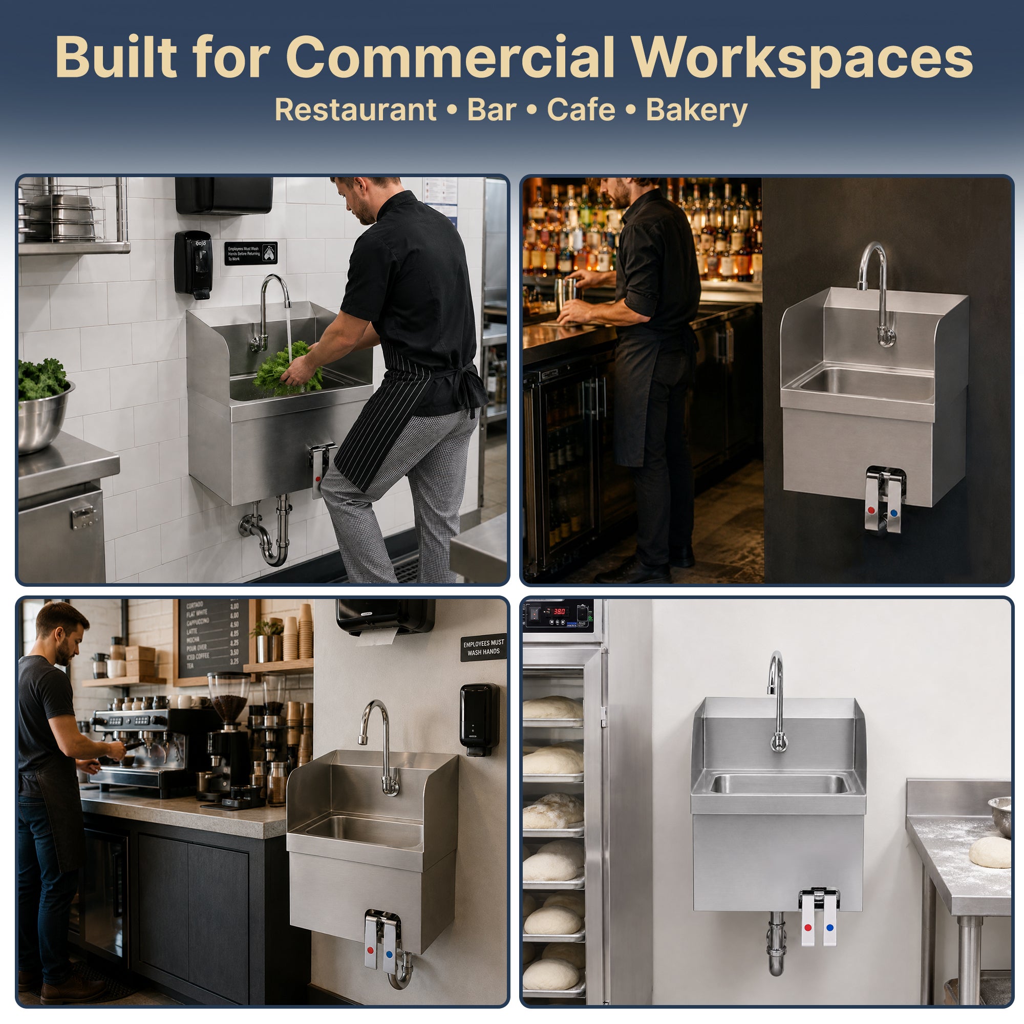 17" x 15" Wall Mounted Hands-Free Hand Sink with Hot & Cold Knee Valves and Side Splashes
