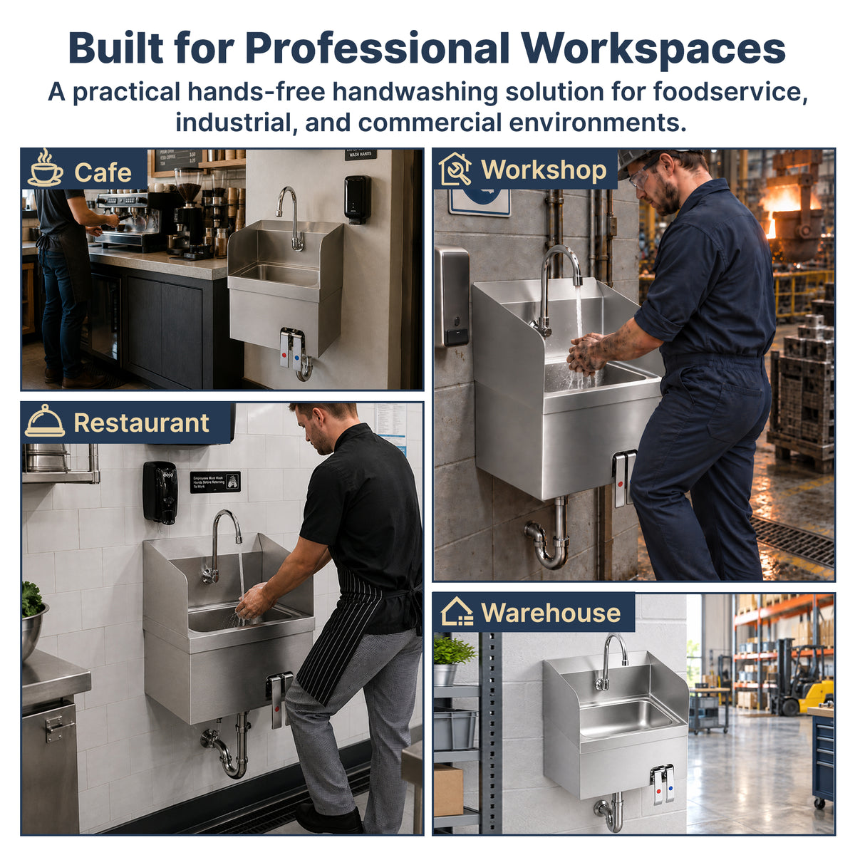 17" x 15" Wall Mounted Hands-Free Hand Sink with Hot & Cold Knee Valves and Side Splashes