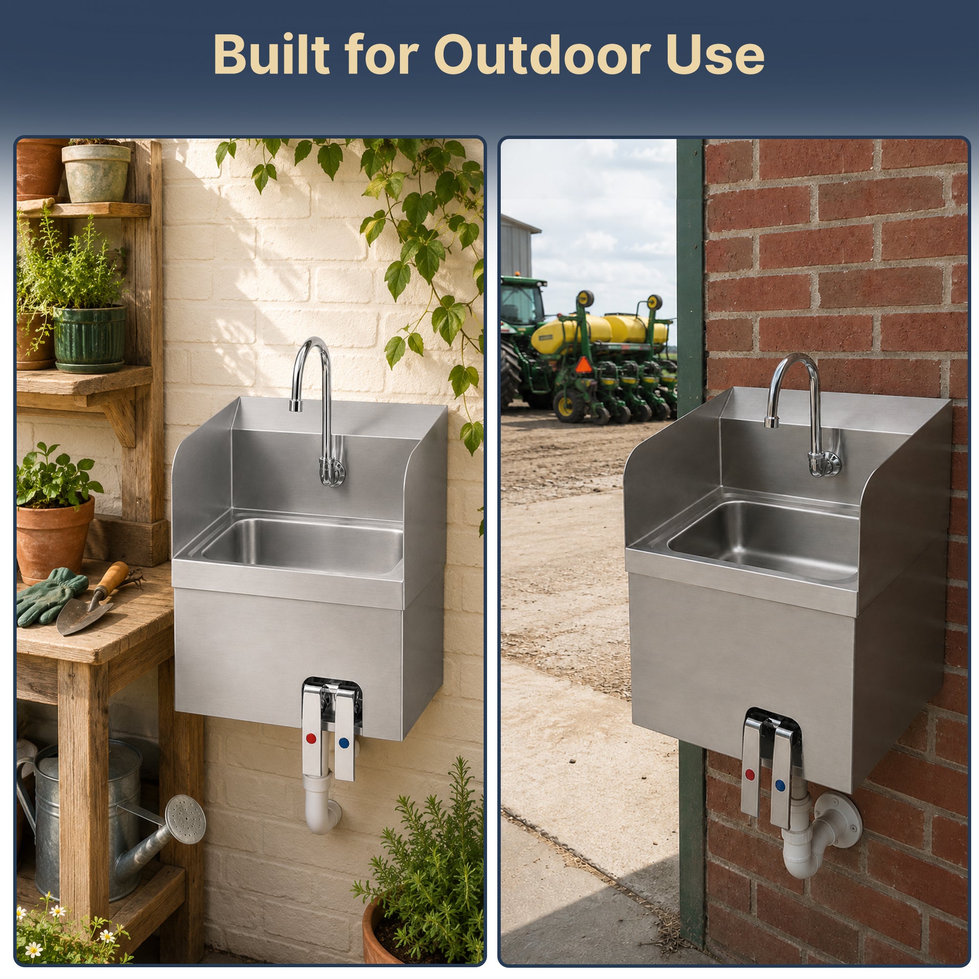 17" x 15" Wall Mounted Hands-Free Hand Sink with Hot & Cold Knee Valves and Side Splashes