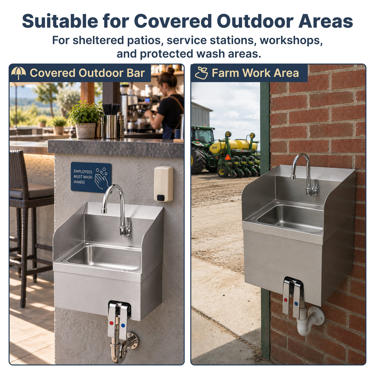 17" x 15" Wall Mounted Hands-Free Hand Sink with Hot & Cold Knee Valves and Side Splashes