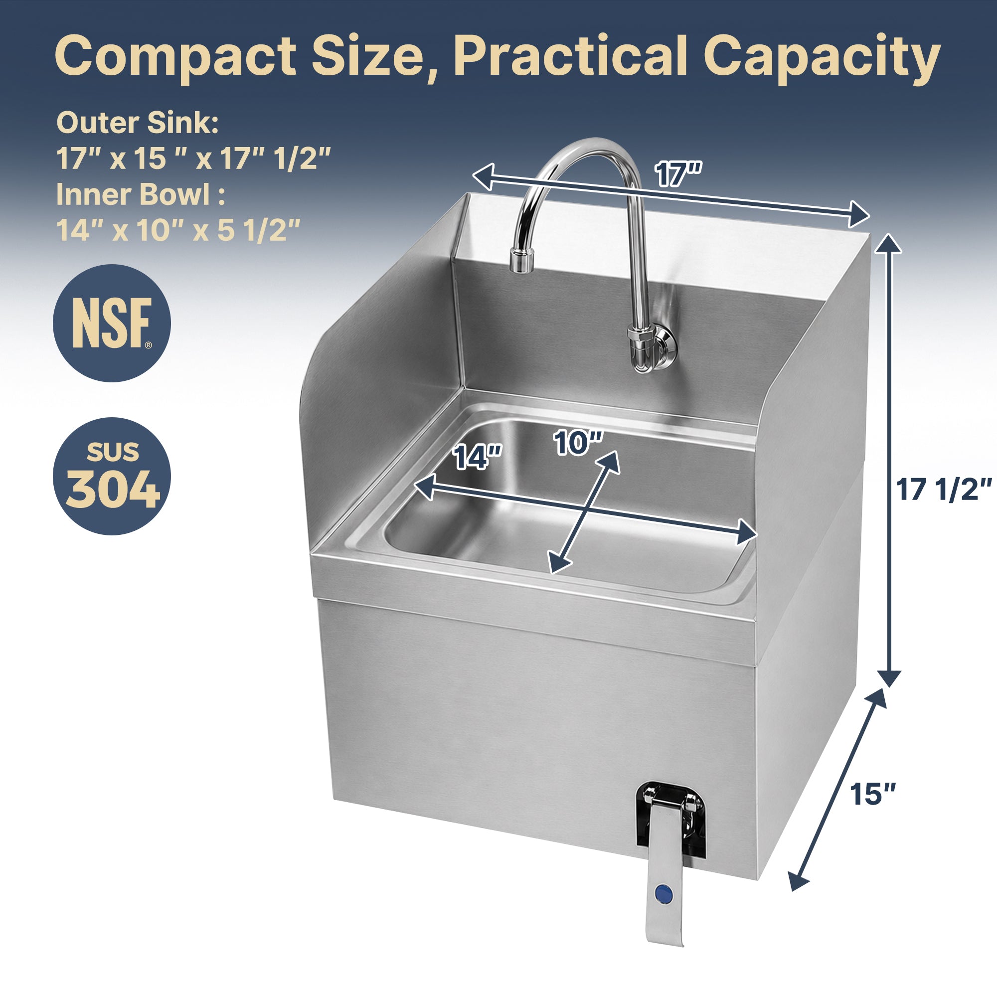 17" x 15" Wall Mounted Hands-Free Hand Sink with Knee Operated Valve and Side Splashes