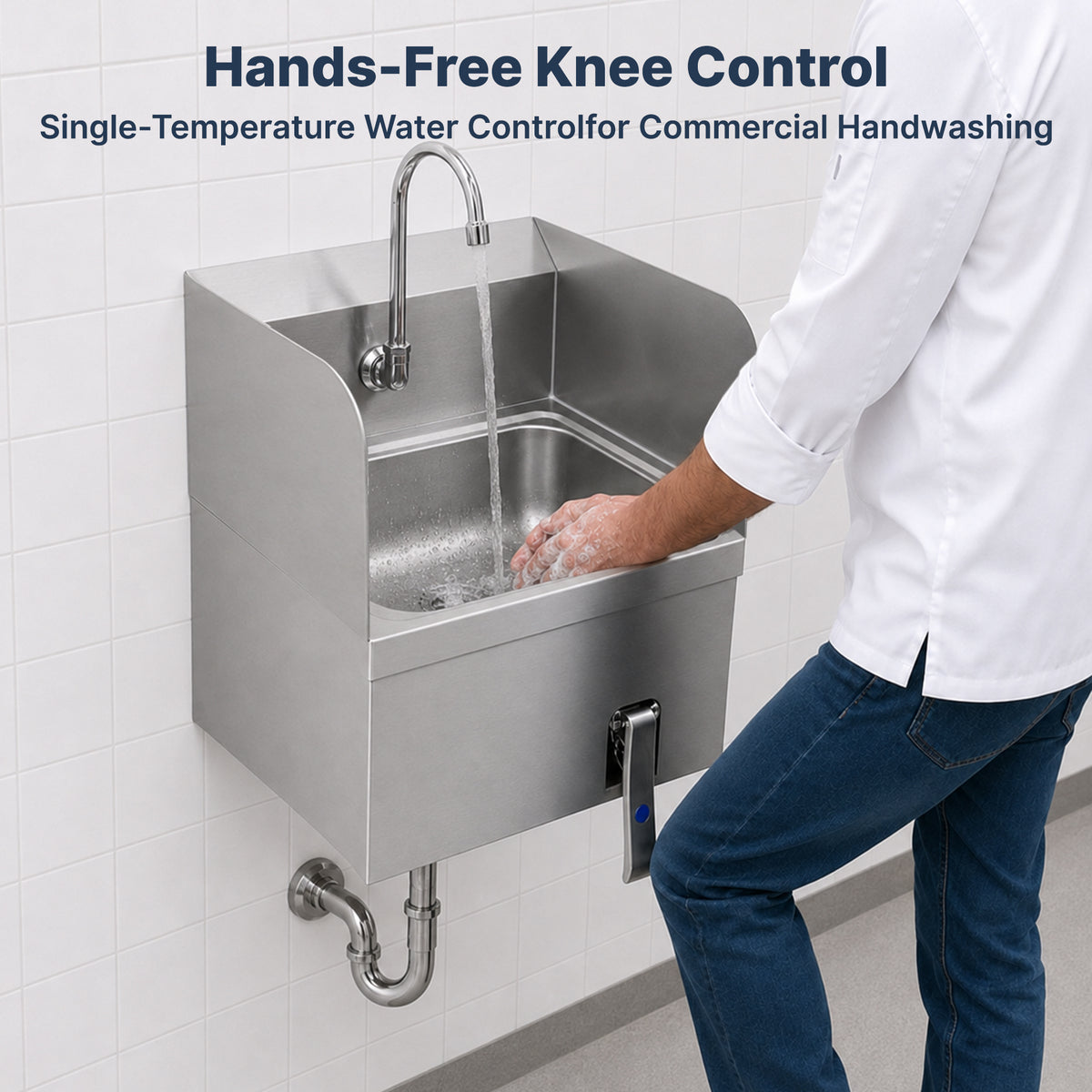 17" x 15" Wall Mounted Hands-Free Hand Sink with Knee Operated Valve and Side Splashes